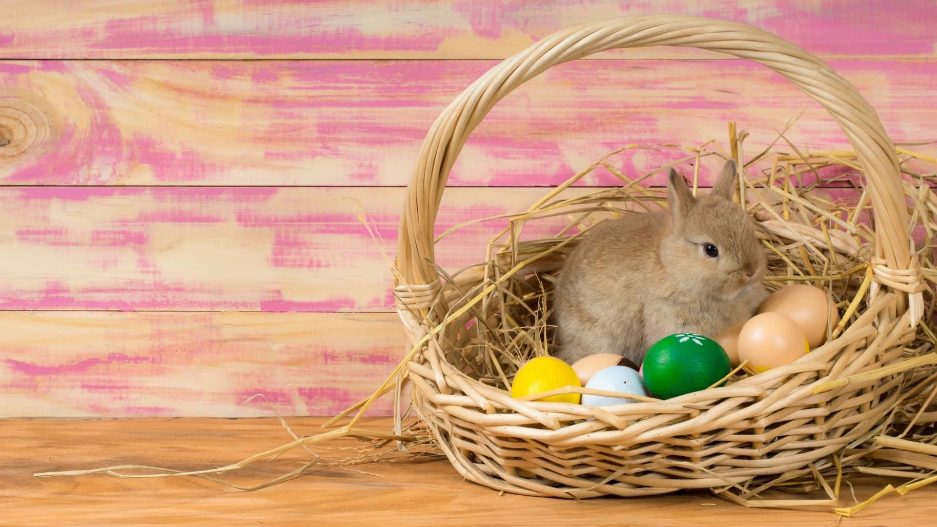 Easter Bunny, wicker basket, hay, Full HD Desktop Wallpaper