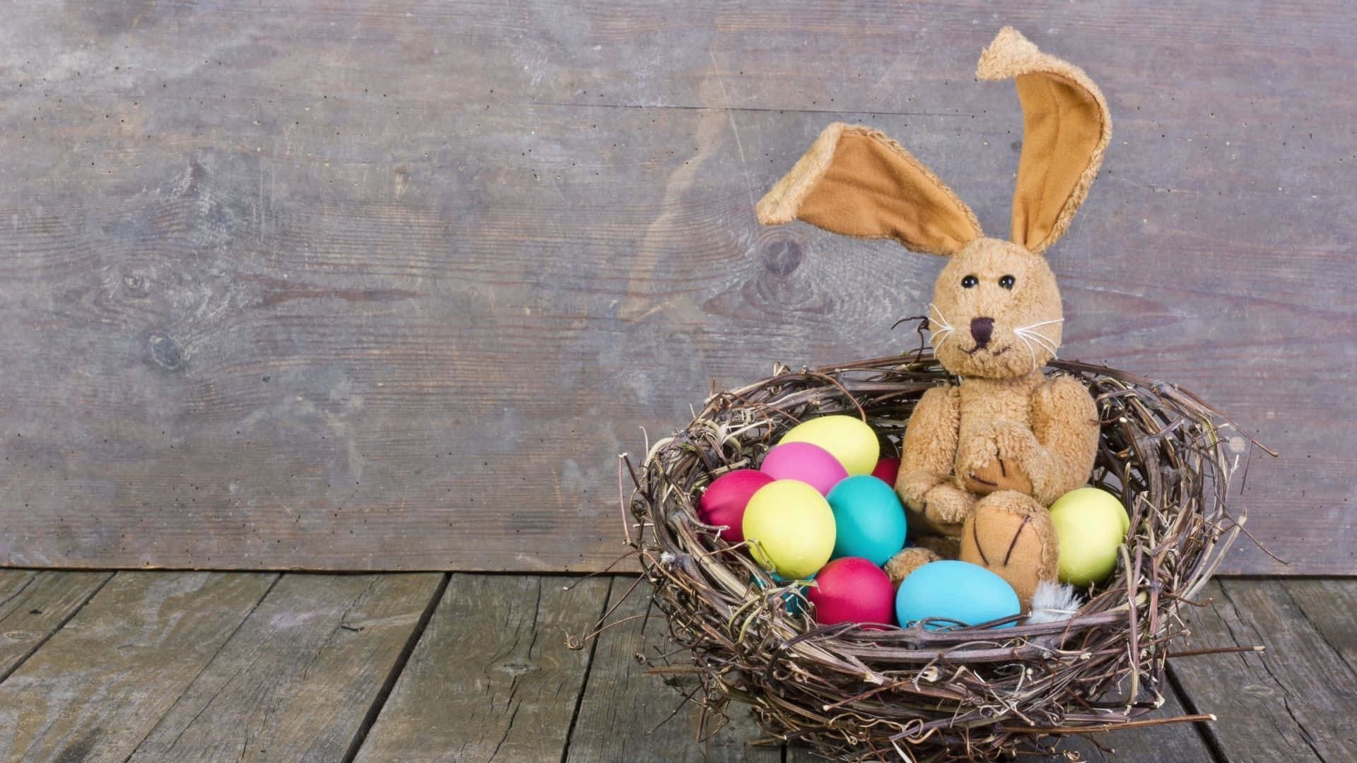 Easter Bunny, plush bunny, woven nest, Full HD Desktop Wallpaper