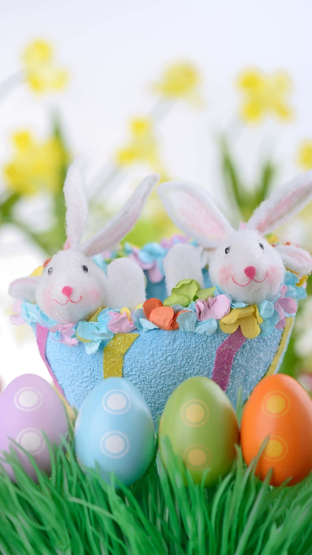 Easter Bunny, Easter basket, plush bunny toys, Full HD Phone Wallpaper