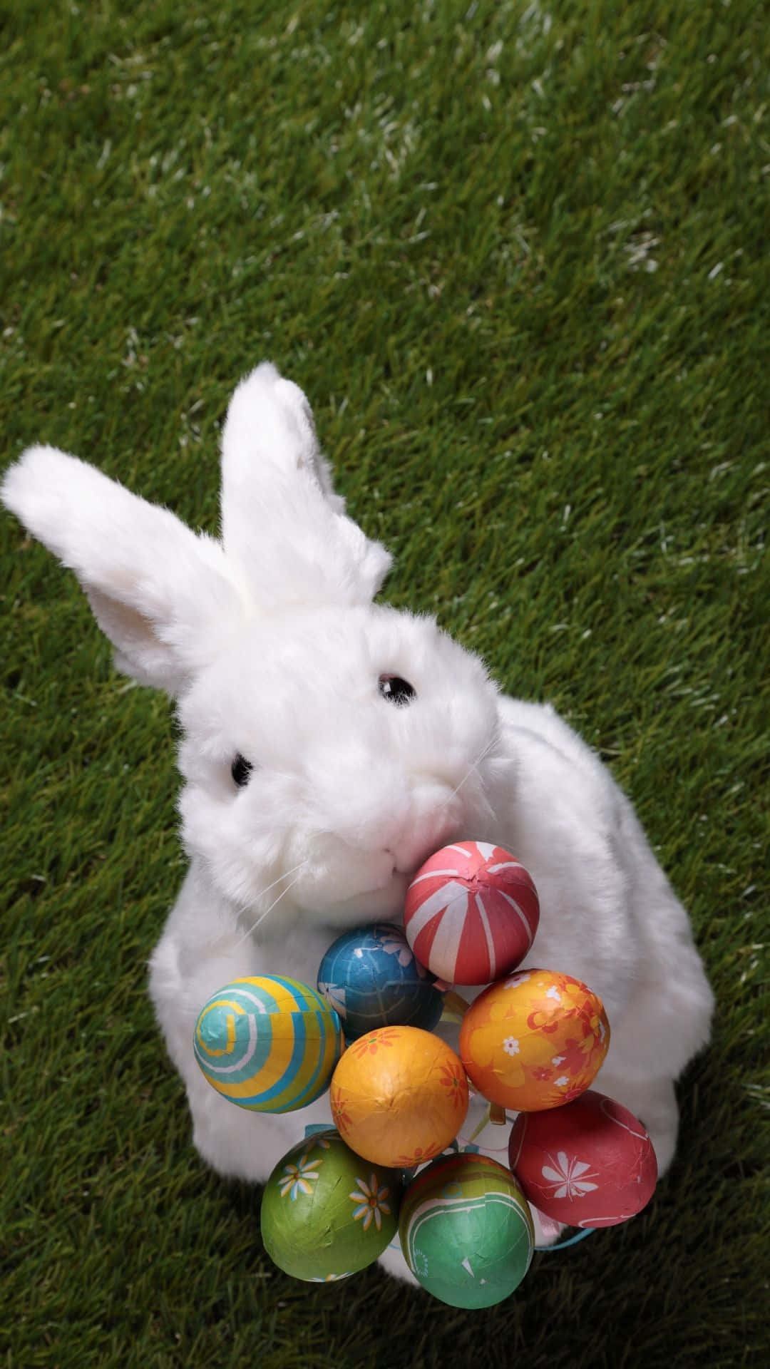 Easter Bunny, fluffy white stuffed bunny, green grass, Full HD Phone Wallpaper