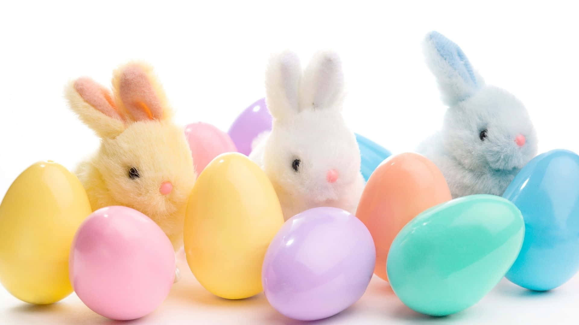 Easter Bunny, fluffy bunny plushies, colorful plastic Easter eggs, Full HD Desktop Wallpaper