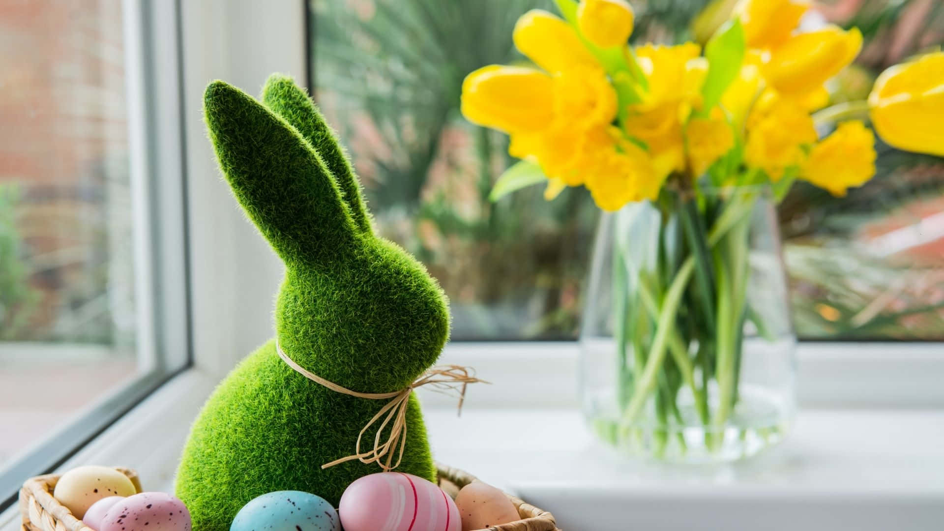 Easter Bunny, moss-covered, basket of colorful eggs, Full HD Desktop Wallpaper