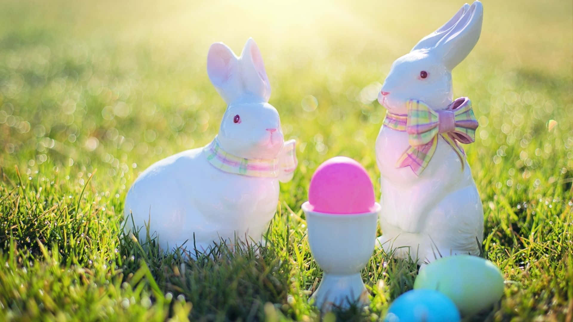 Easter Bunny, white ceramic Easter bunnies, pastel bows, Full HD Desktop Wallpaper