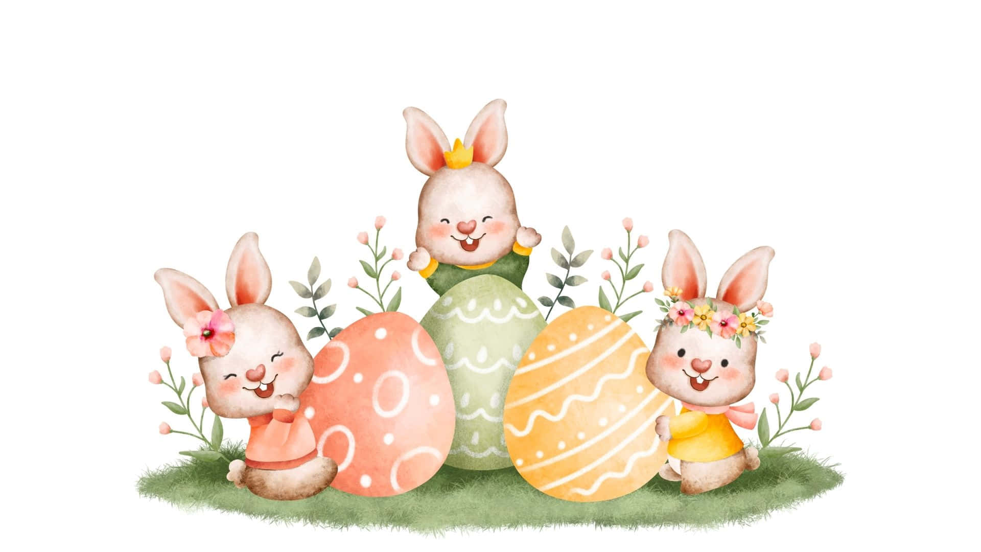 Easter Bunny, watercolor bunnies, floral crowns, Full HD Desktop Wallpaper