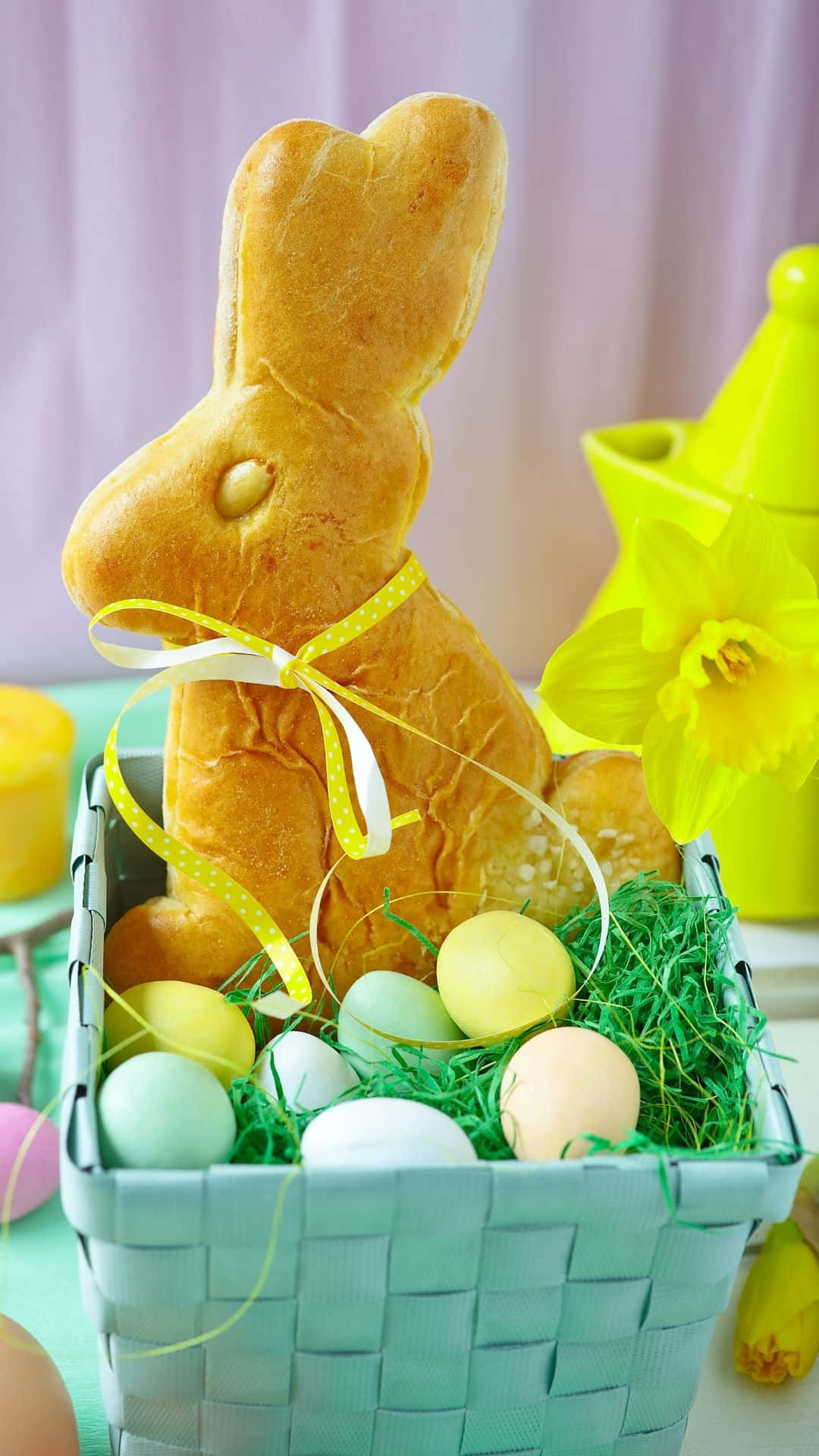 Easter Bunny, golden bread bunny, woven basket, Full HD Phone Wallpaper