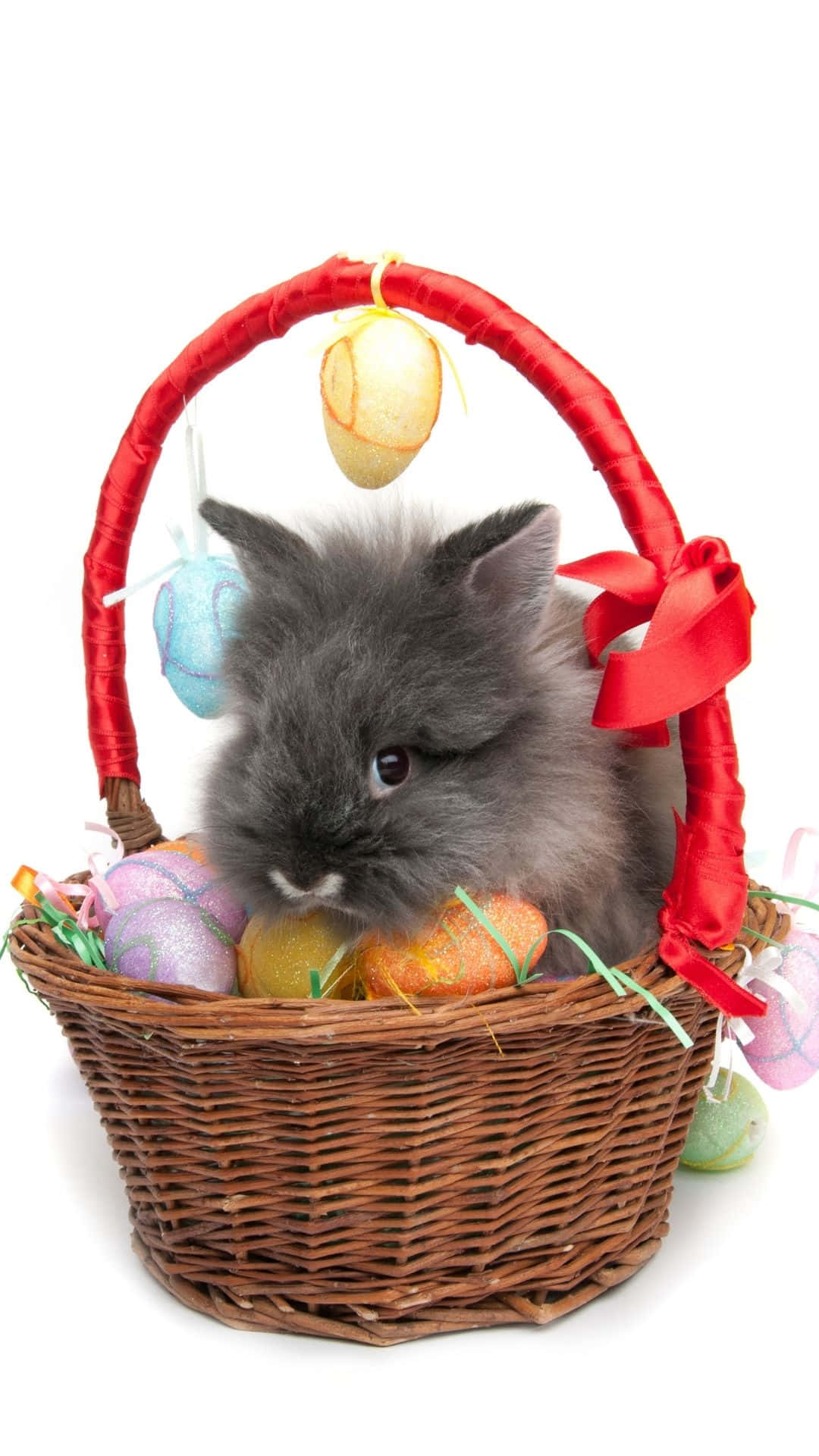 Easter Bunny, fluffy gray bunny, wicker basket, Full HD Phone Wallpaper