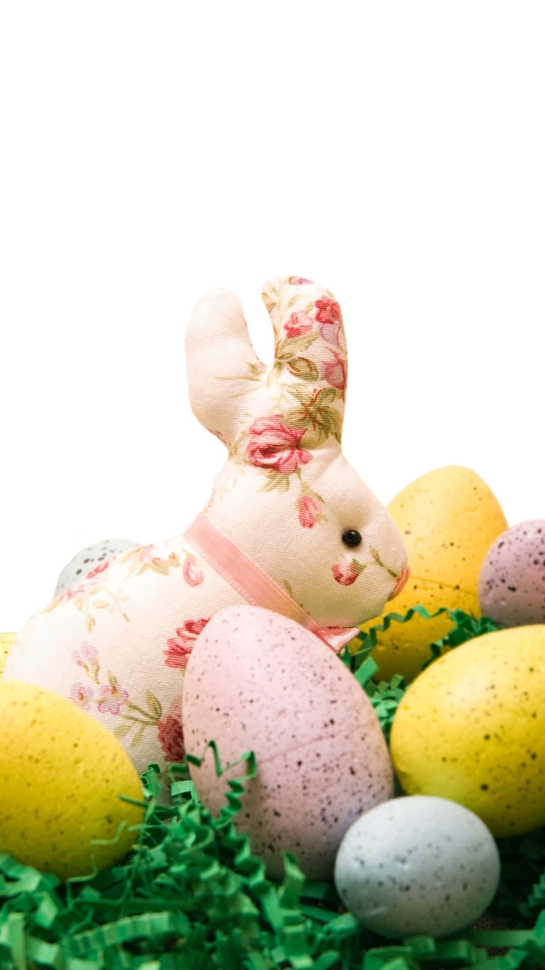Easter Bunny, floral fabric, colorful speckled eggs, Full HD Phone Wallpaper