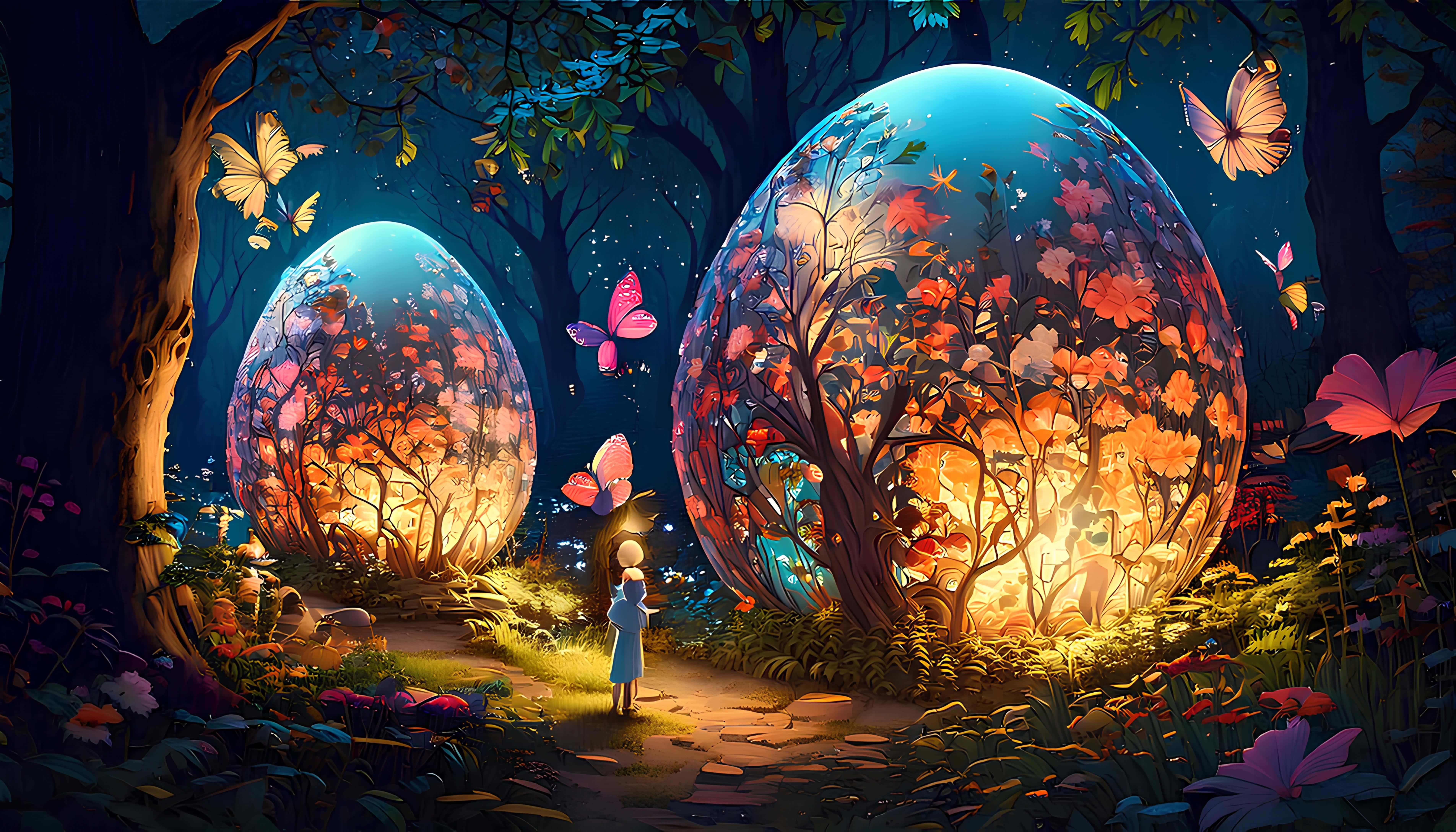 Easter eggs, giant glowing eggs, mystical forest, 5K Desktop Wallpaper