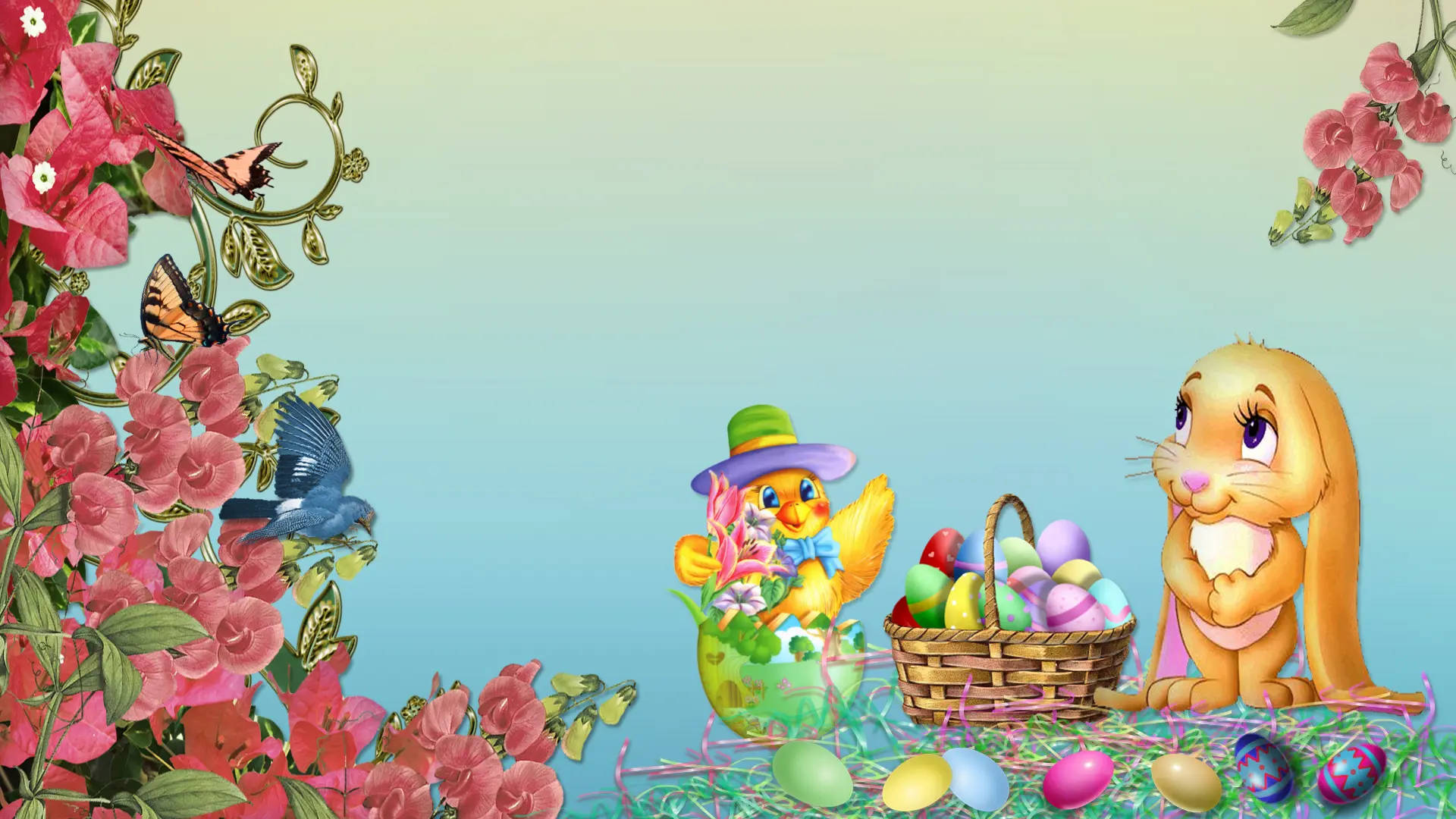 cartoon bunny, chick, colorful Easter eggs, Full HD Desktop Wallpaper