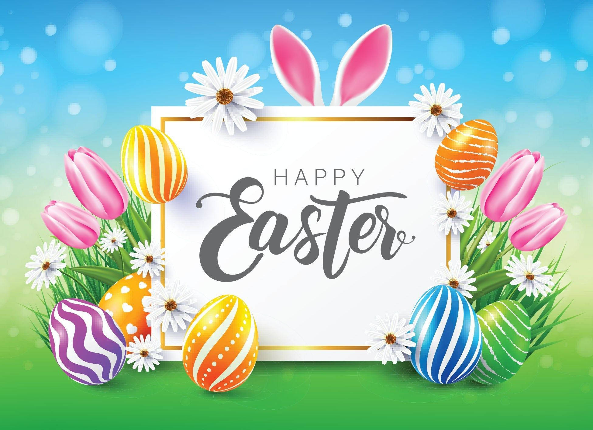 Happy Easter, Easter eggs, pink tulips, Full HD Desktop Wallpaper