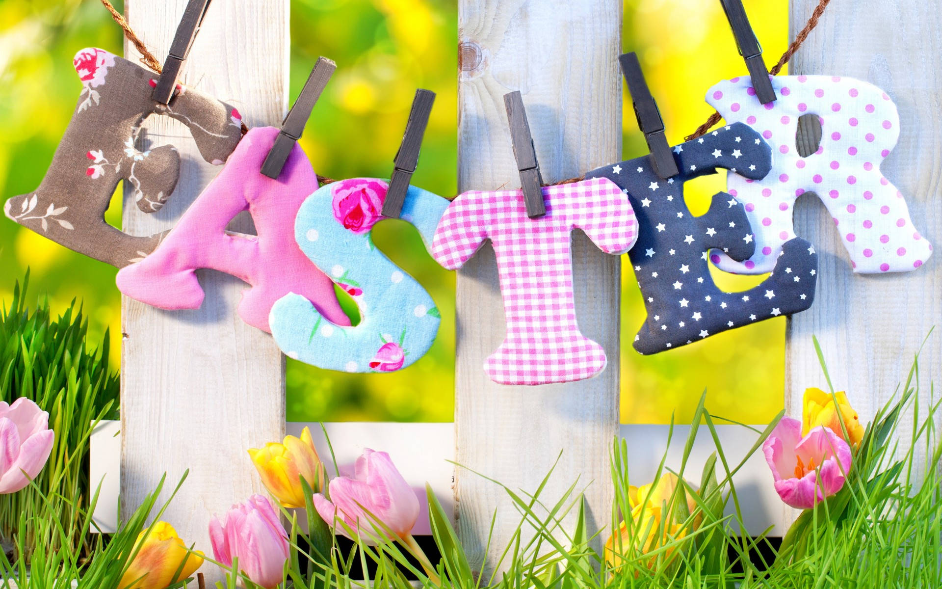 EASTER, wooden fence, pink tulips, Full HD Desktop Wallpaper