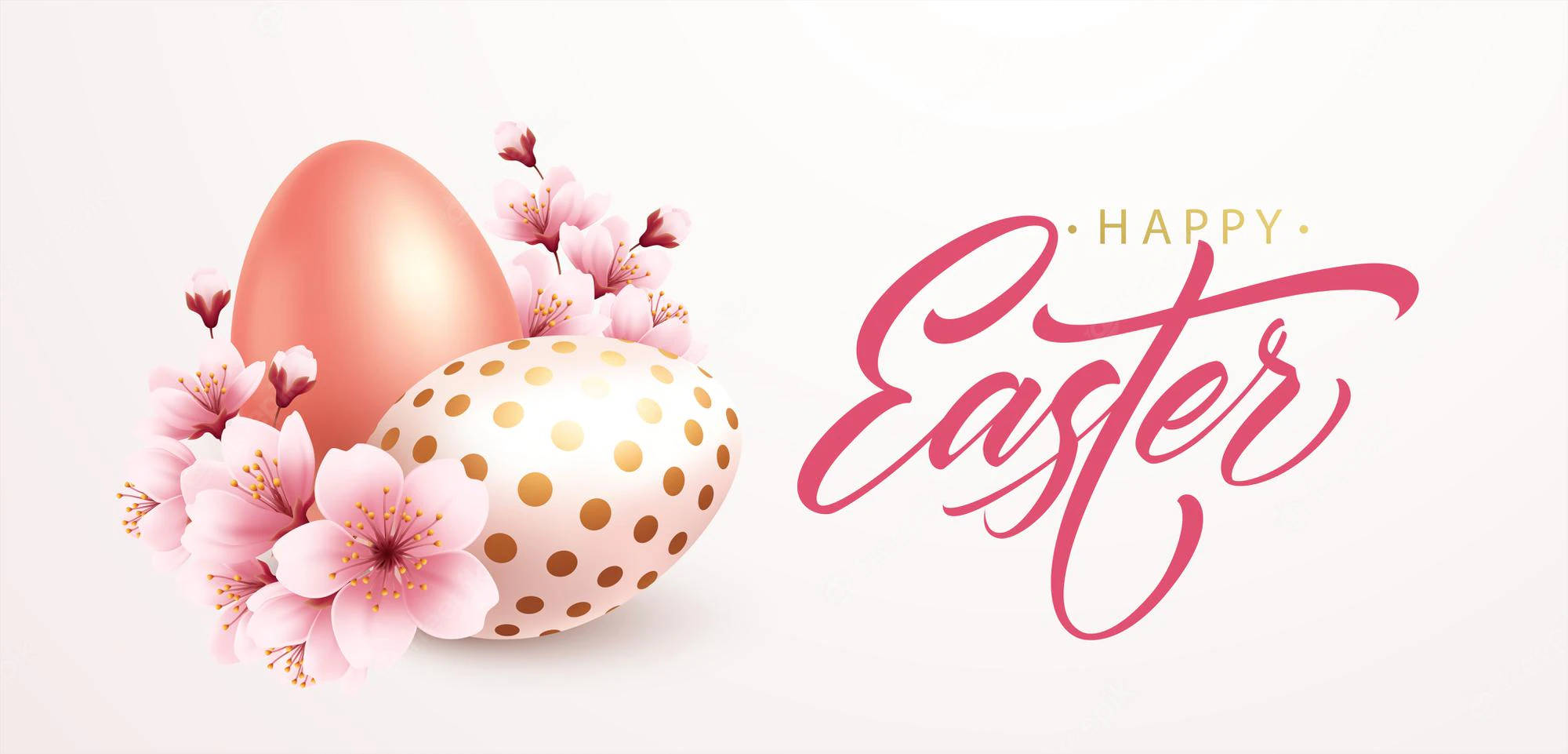 Easter Desktop, gold polka dots, pink cherry blossoms, Full HD Desktop Wallpaper