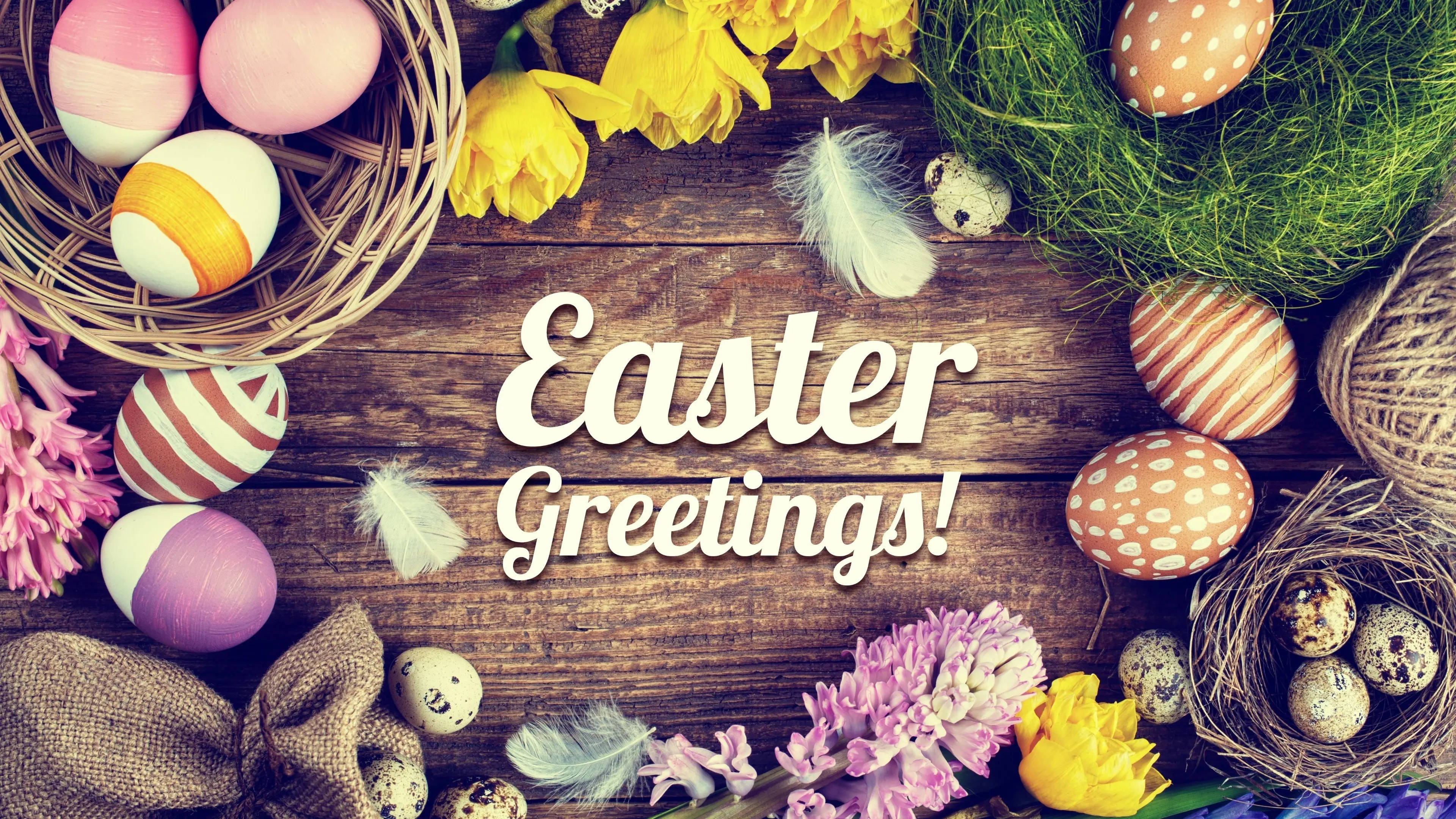 Easter Greetings!, colorful Easter eggs, flowers, 4K Desktop Wallpaper