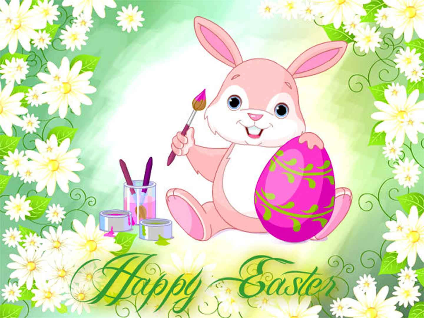 pink cartoon bunny, vibrant pink Easter egg, white daisies, HD Desktop Wallpaper