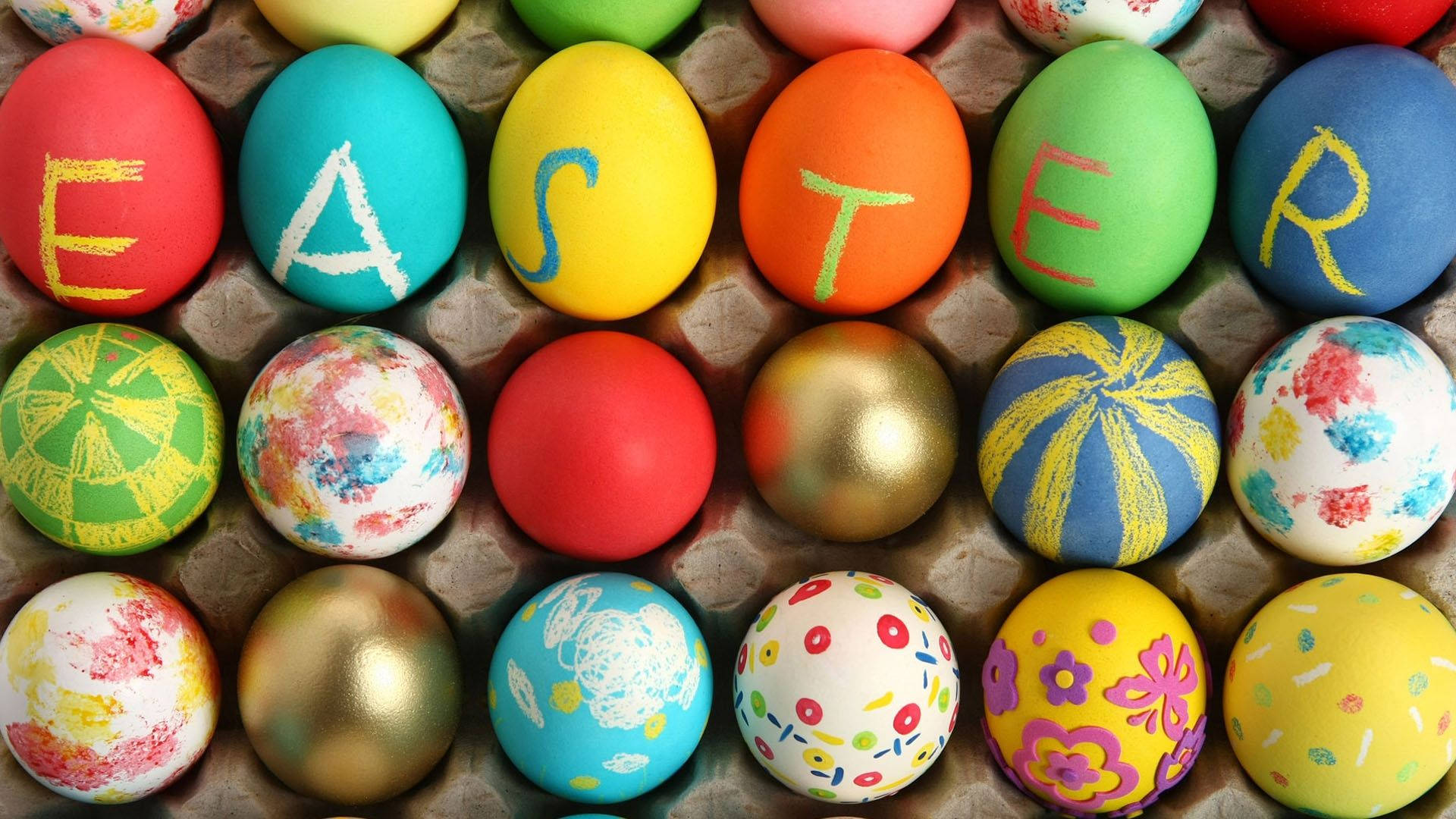 EASTER, colorful chalk-style letters, patterned eggs, Full HD Desktop Wallpaper