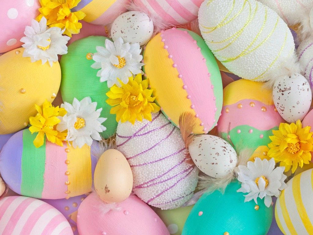 Pastel Easter Eggs, flowers, feathers, SD Desktop Wallpaper