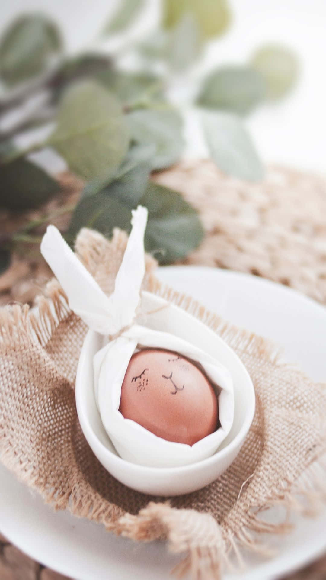 bunny face, white ceramic bowl with bunny ears, burlap, Full HD Phone Wallpaper