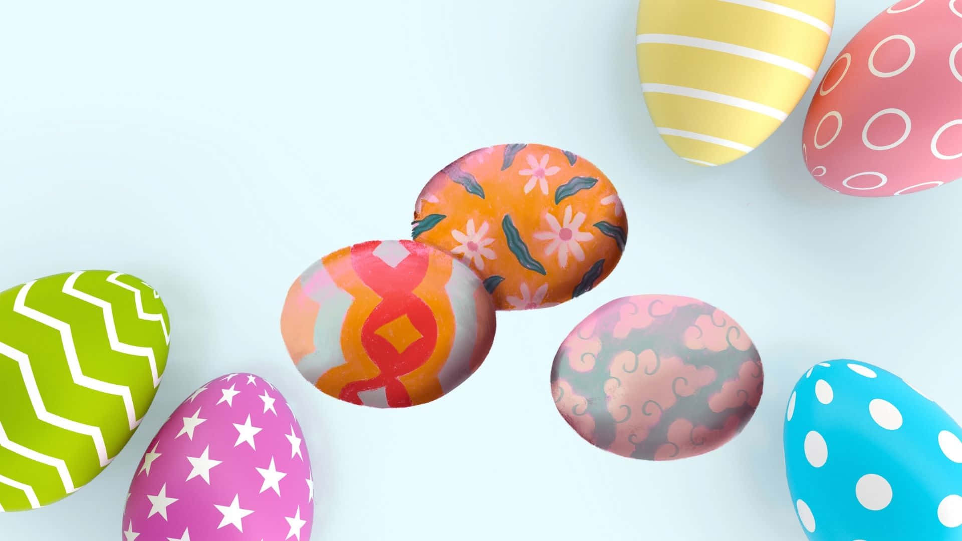 Pastel-colored Easter eggs, light blue background, geometric designs, Full HD Desktop Wallpaper