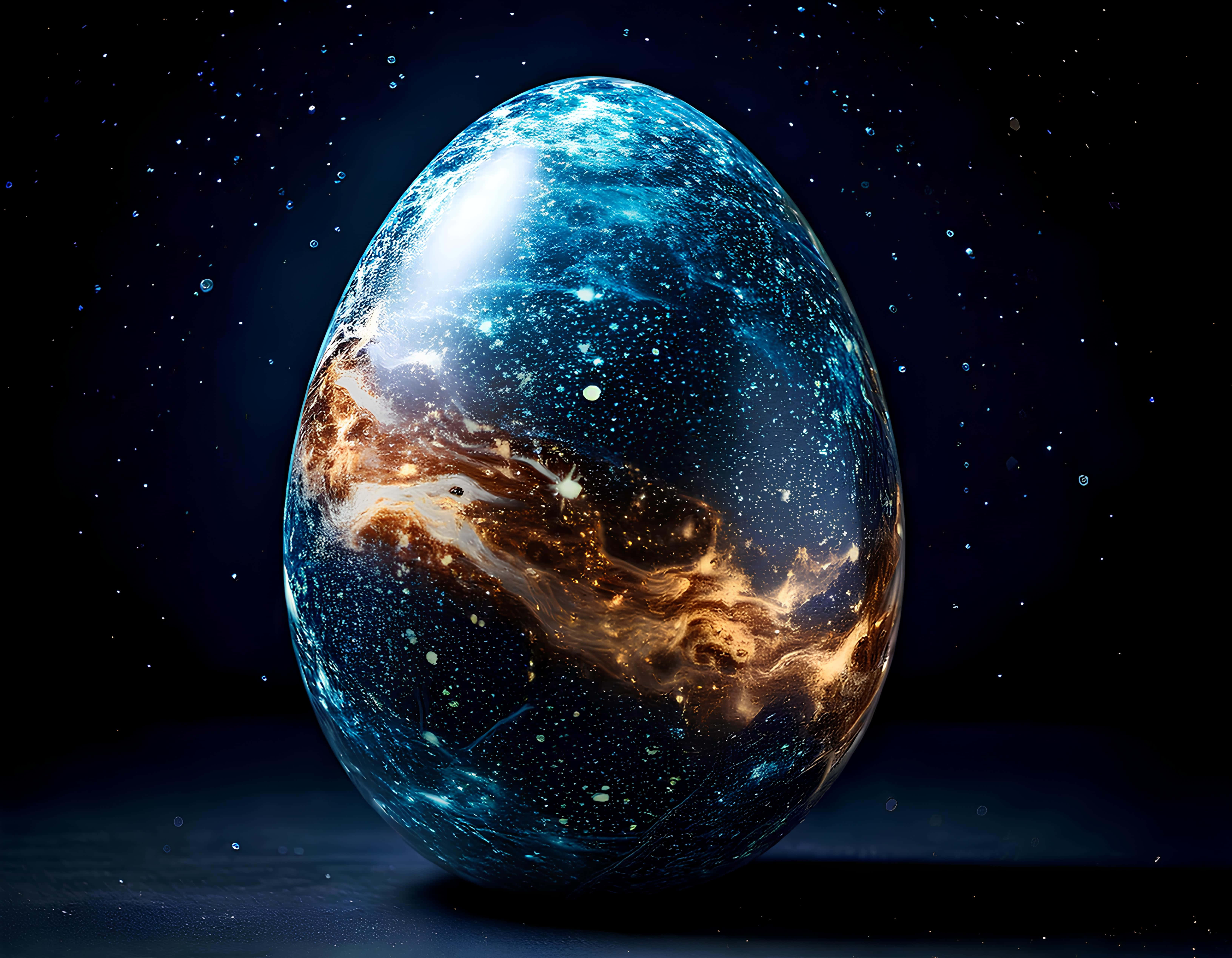 cosmic egg, swirling blue and gold nebulae, starry black void, 5K Desktop Wallpaper