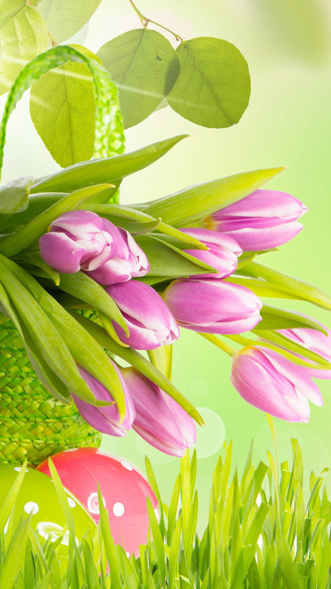 pink tulips, green woven basket, pink Easter egg, Full HD Phone Wallpaper