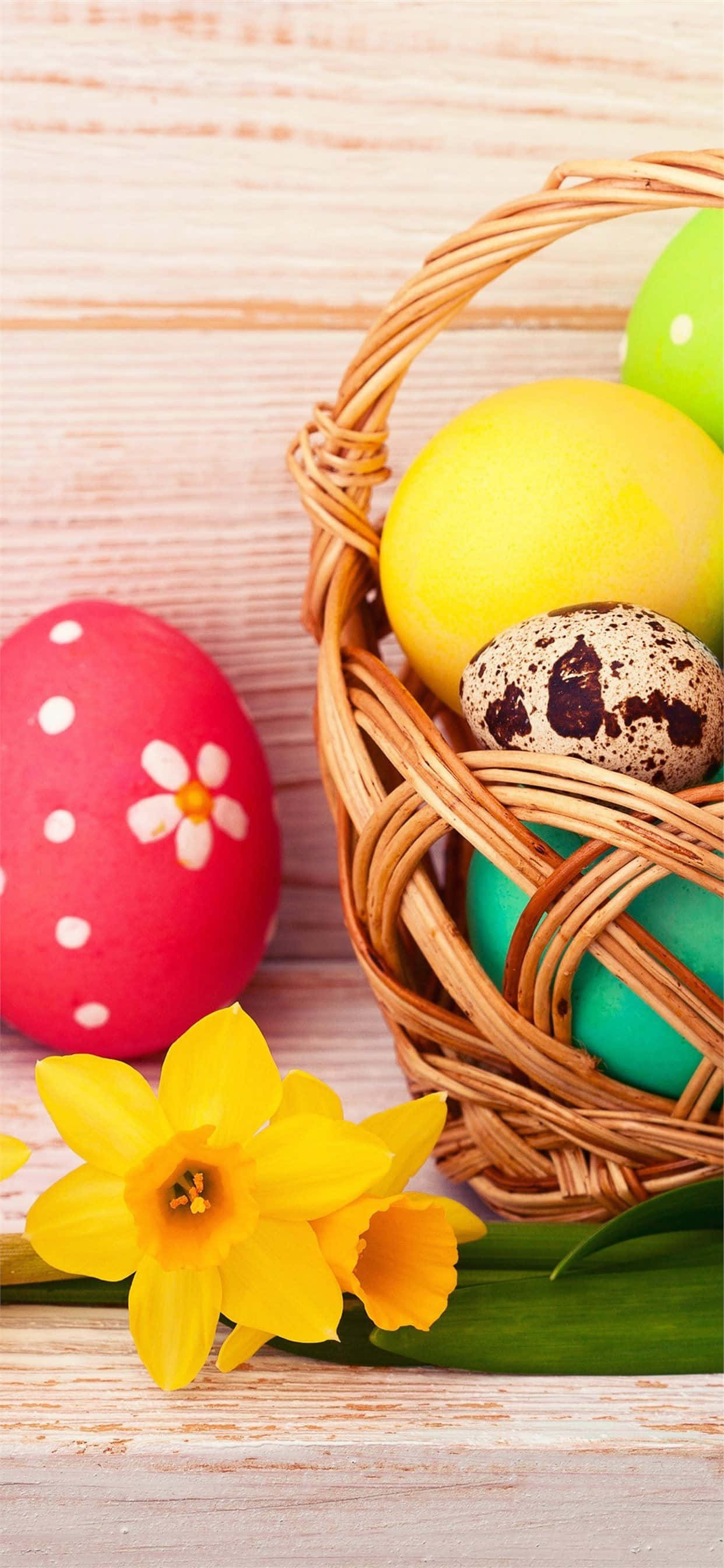 Easter iPhone, wicker basket, colorful painted eggs, 2K Phone Wallpaper