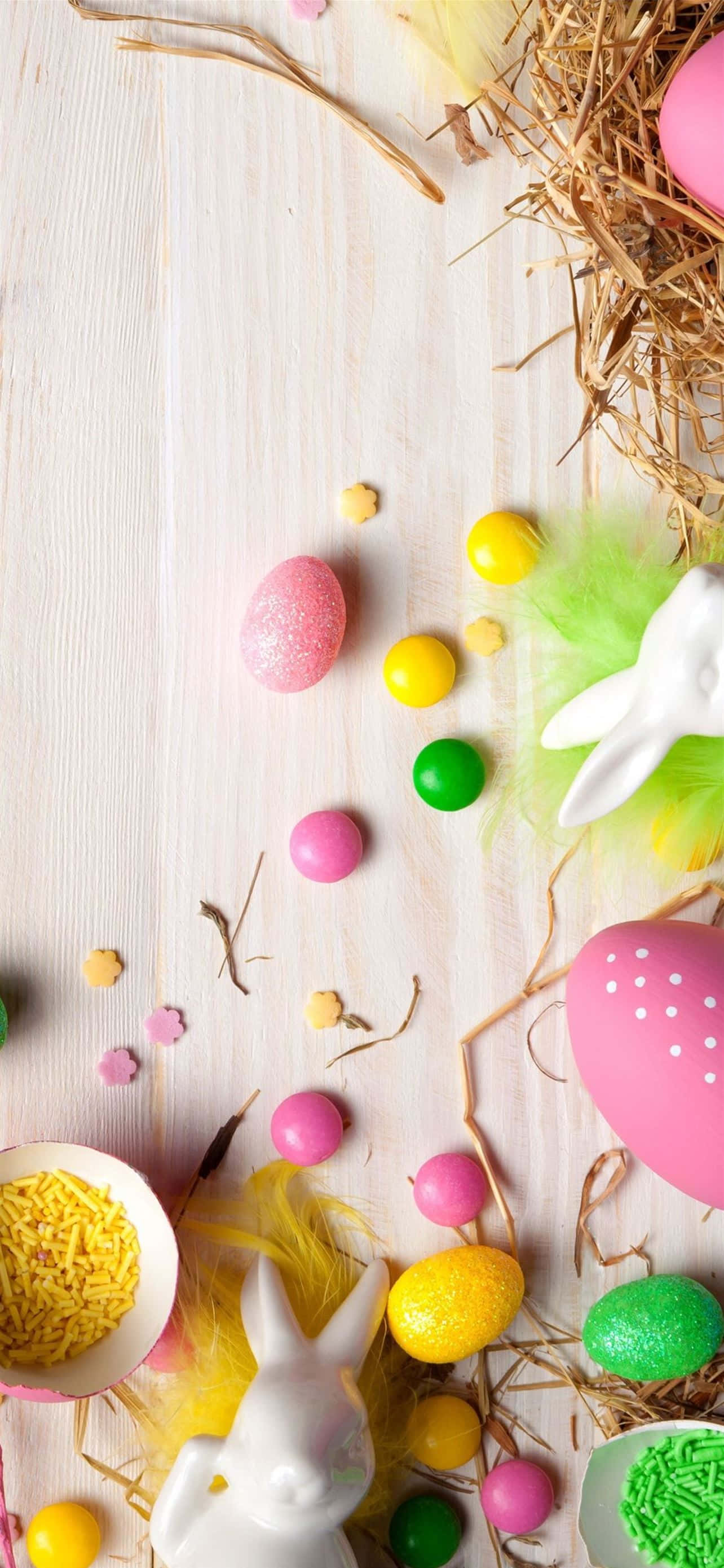 Cute Easter iPhone, pastel Easter eggs, bunny figurines, 2K Phone Wallpaper