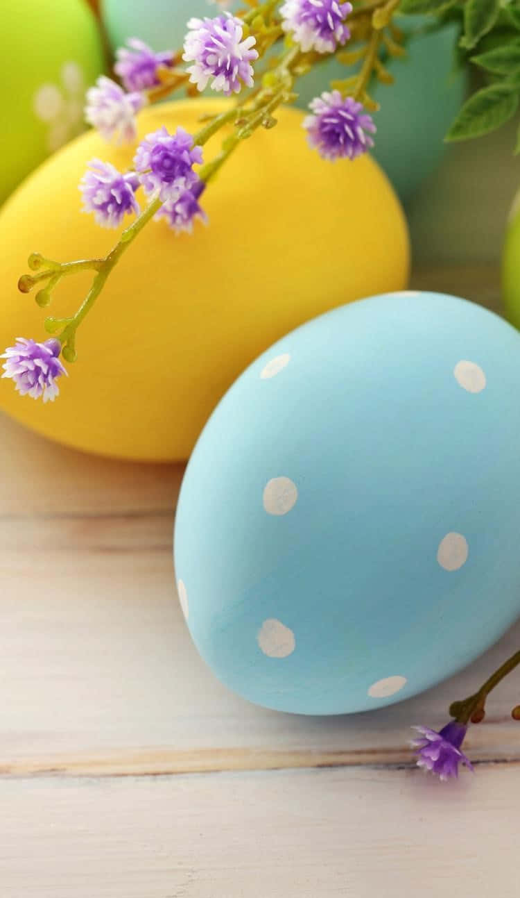 pastel blue, yellow Easter eggs, white polka dots, HD Phone Wallpaper