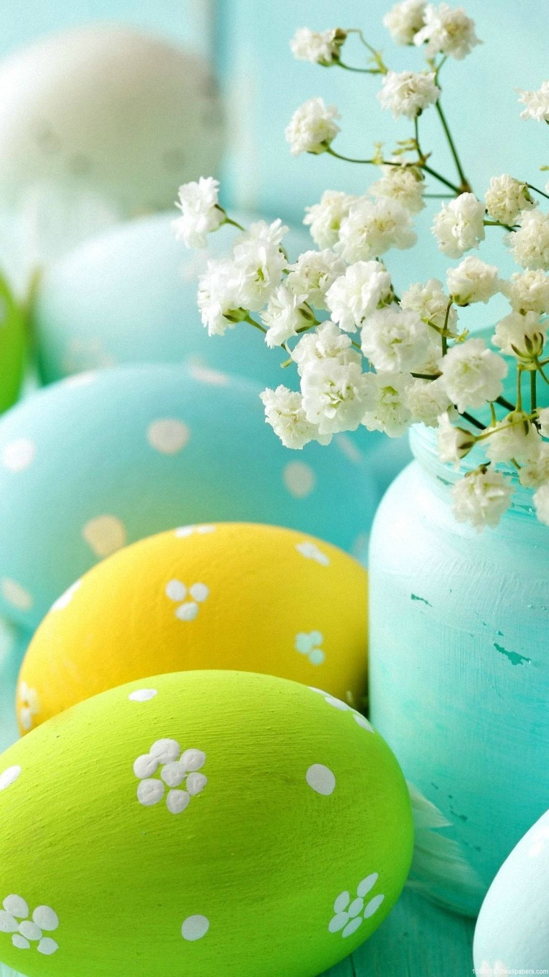 Easter iPhone, turquoise jar, white baby's breath flowers, Full HD Phone Wallpaper