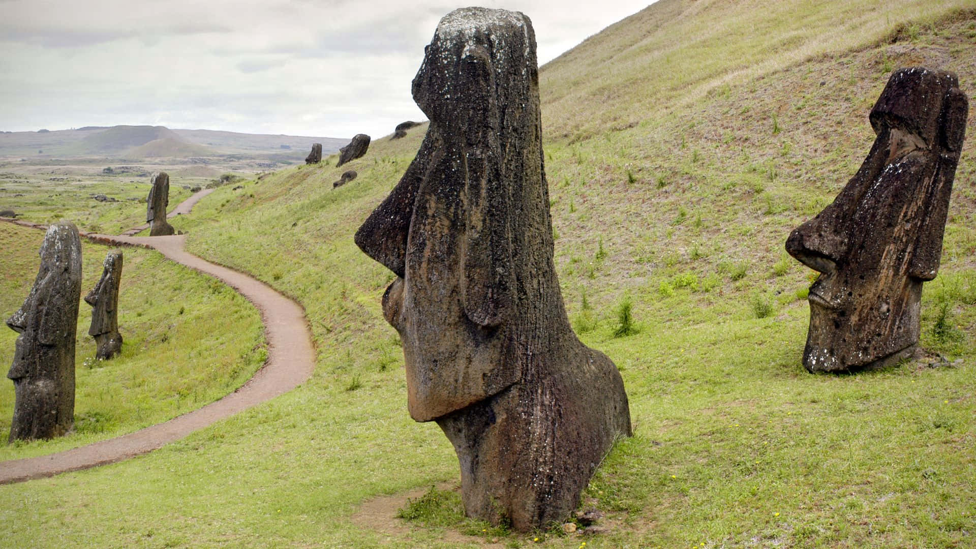 Easter Island, moai statues, grassy hillside, Full HD Desktop Wallpaper