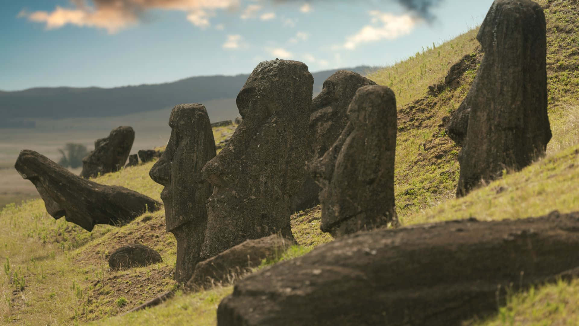 Easter Island, moai statues, grassy hillside, Full HD Desktop Wallpaper
