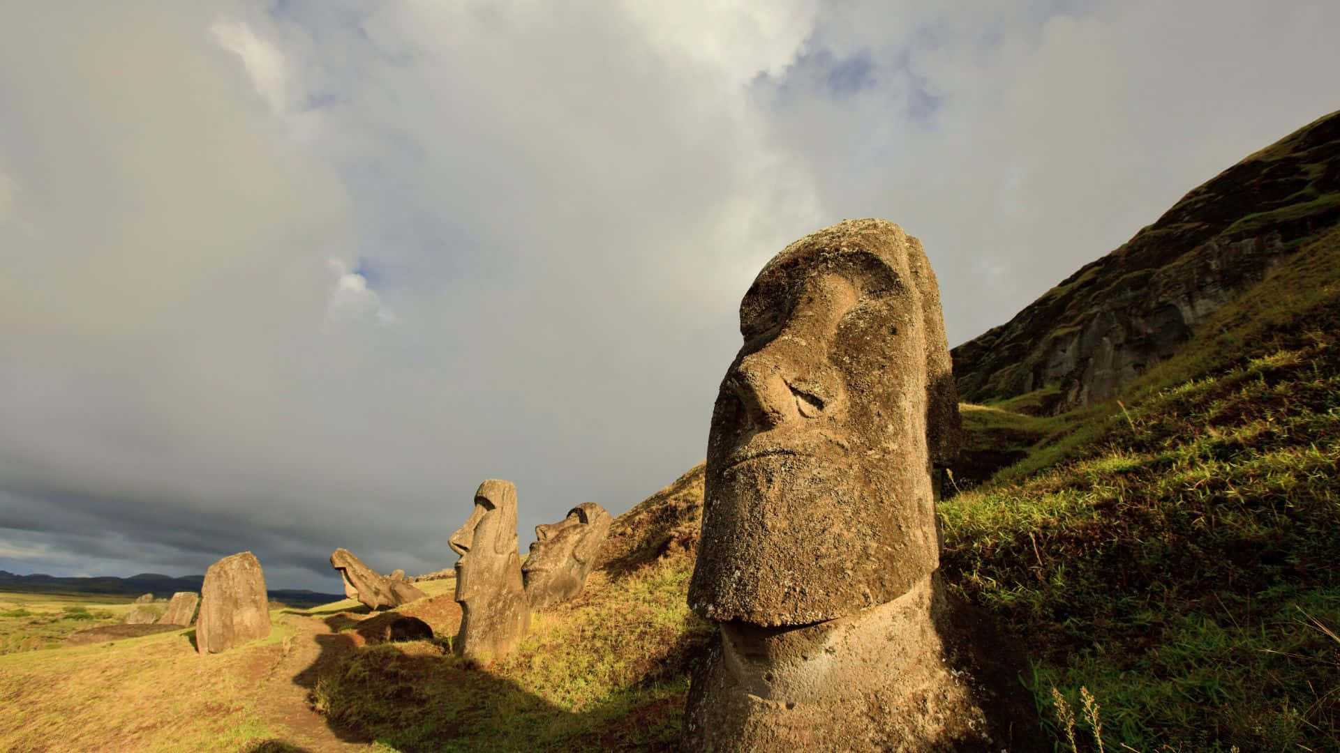 Easter Island, moai statues, grassy hillside, Full HD Desktop Wallpaper