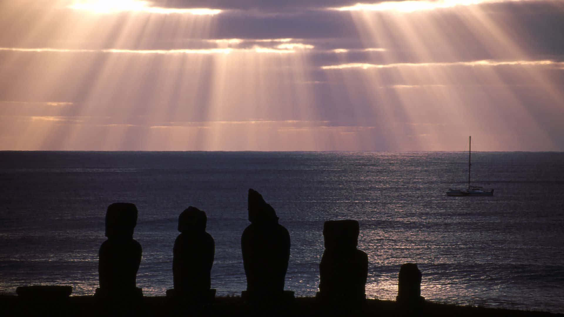 Easter Island, moai statues, golden sunbeams, Full HD Desktop Wallpaper