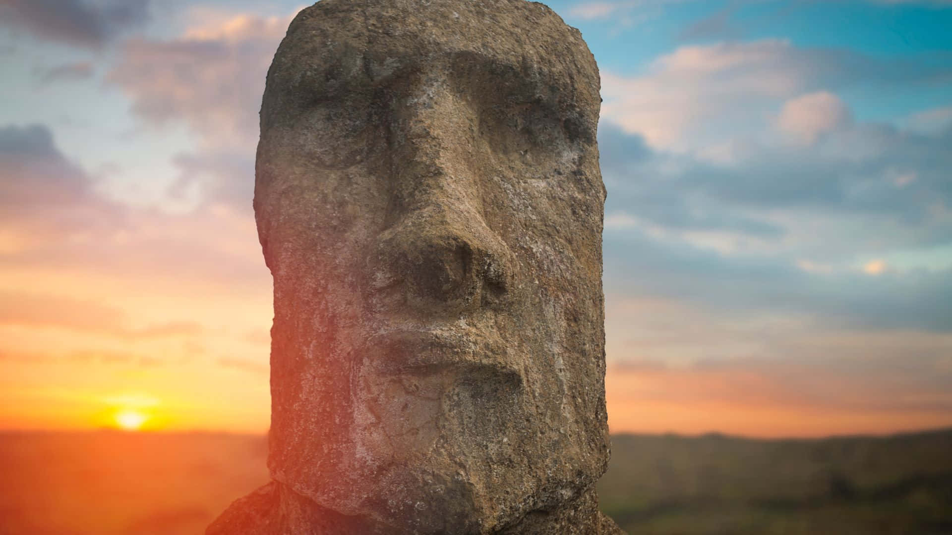 Easter Island, moai head, sunset sky, Full HD Desktop Wallpaper
