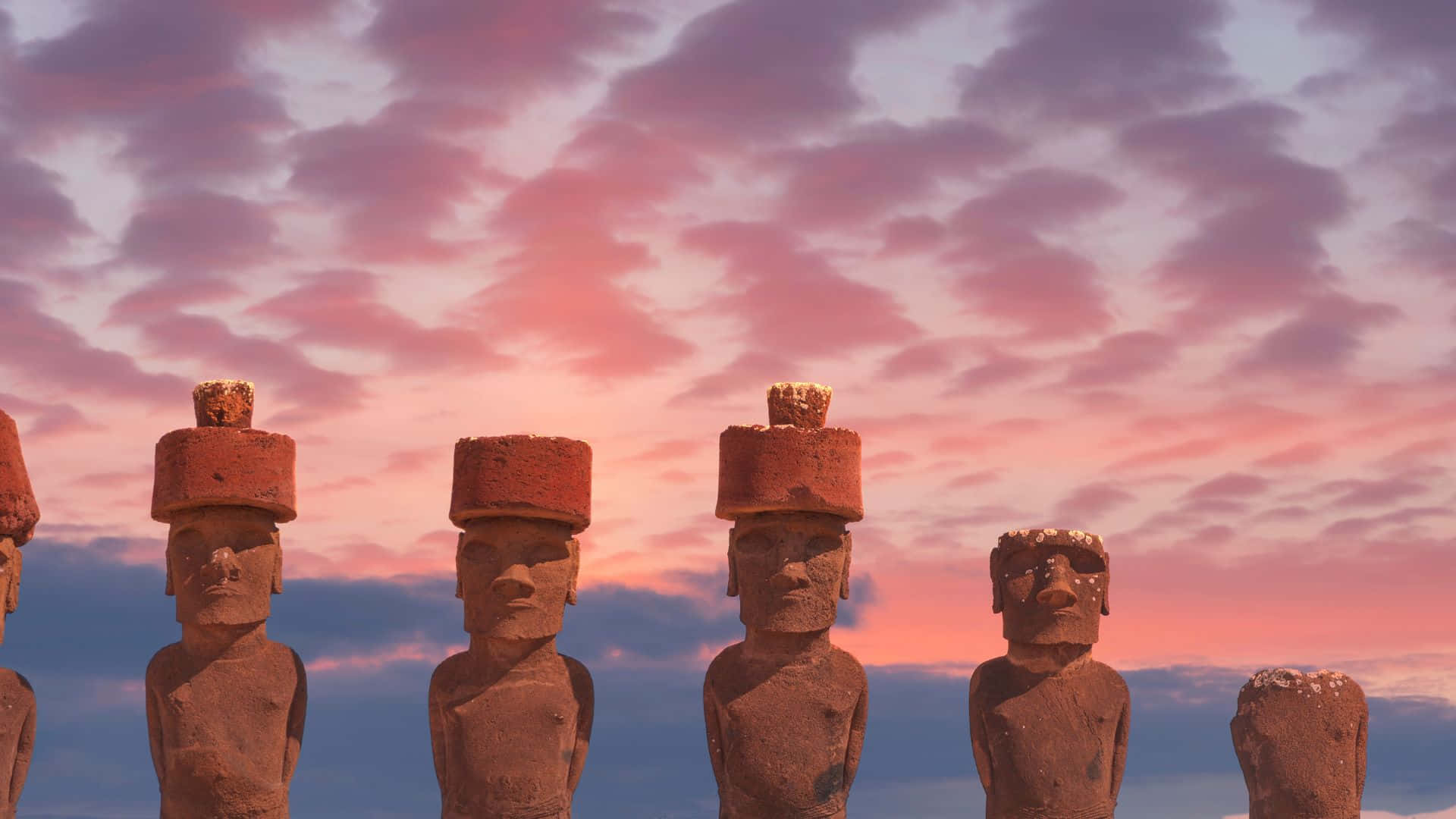 Easter Island, moai statues, pink sunset, Full HD Desktop Wallpaper