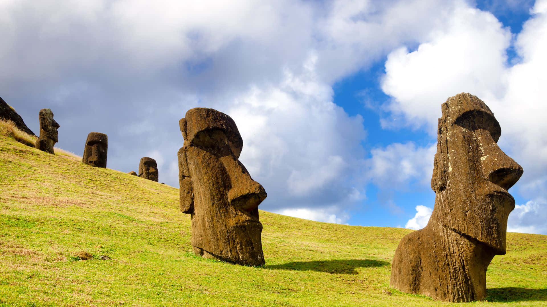 Easter Island, moai statues, grassy hill, Full HD Desktop Wallpaper