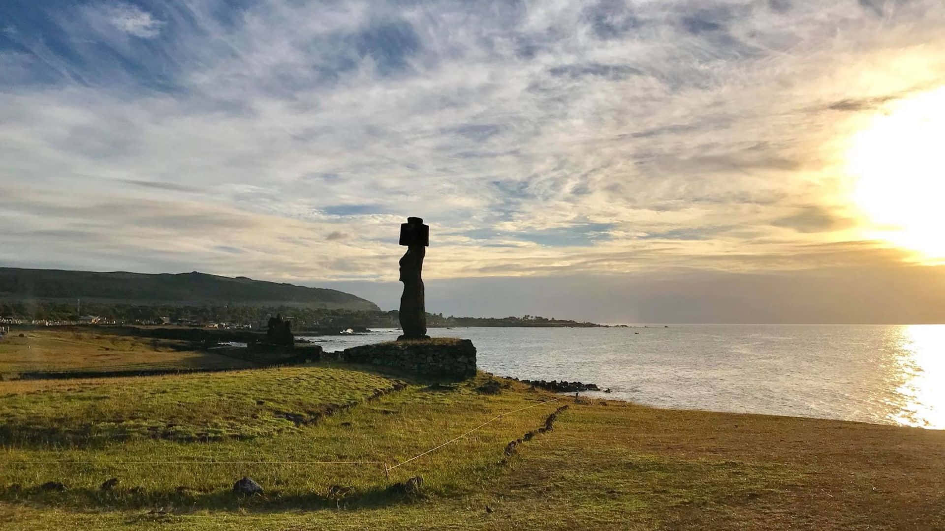 Easter Island, moai statue, golden sunset, Full HD Desktop Wallpaper