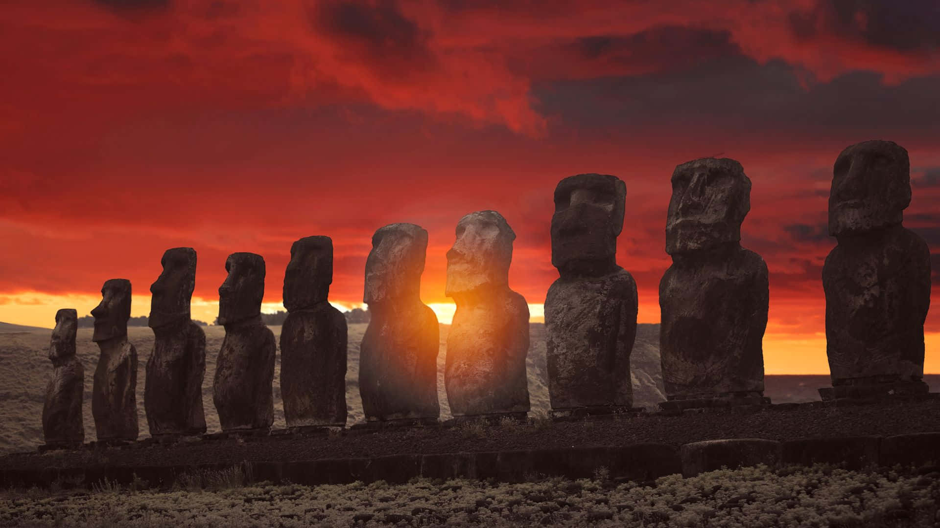 Easter Island, moai statues, fiery red sunset sky, Full HD Desktop Wallpaper