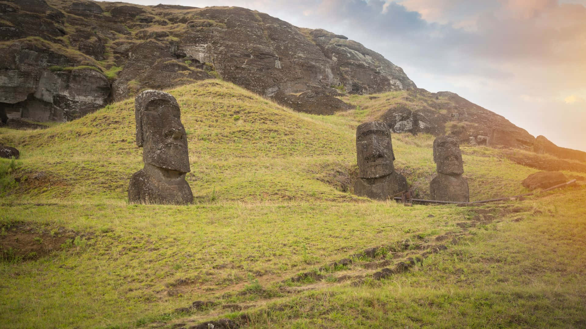 Easter Island, moai statues, grassy hillside, Full HD Desktop Wallpaper