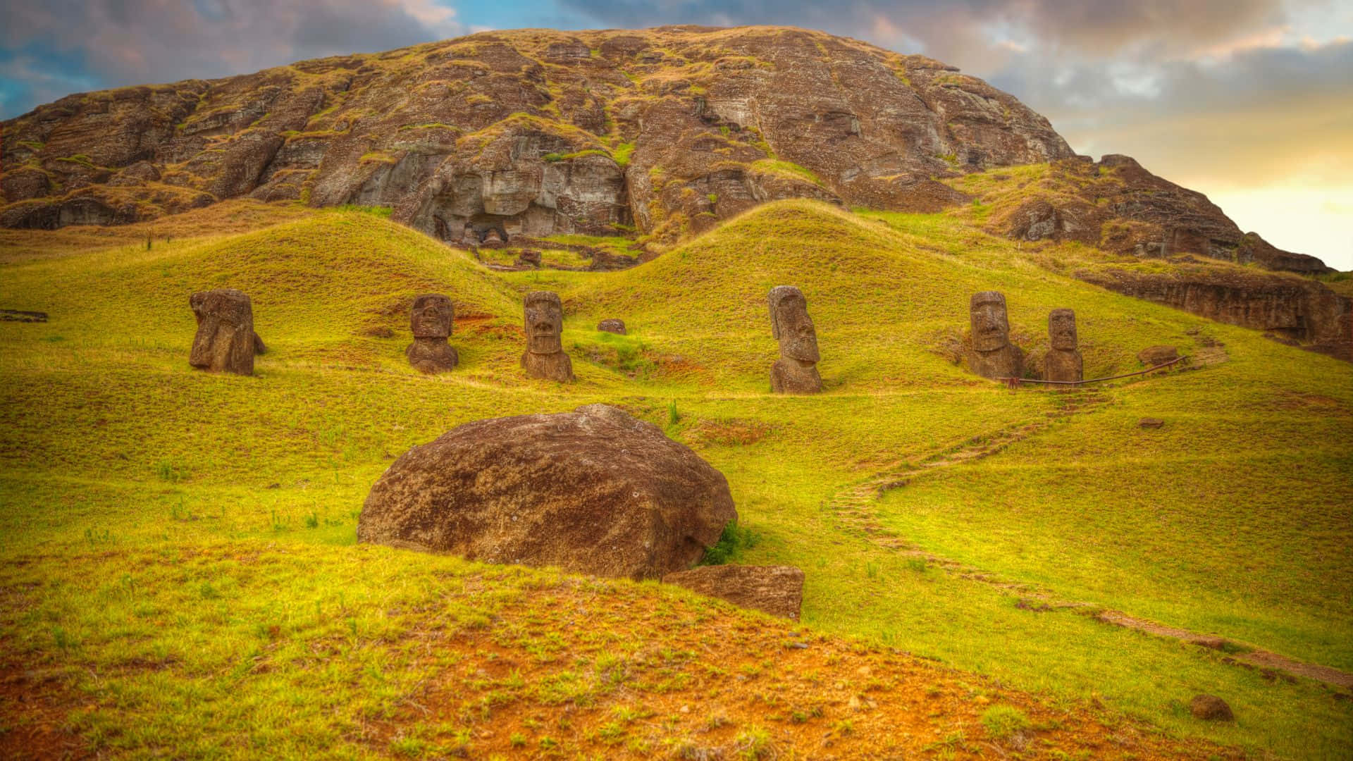 Easter Island, moai statues, green hillside, Full HD Desktop Wallpaper