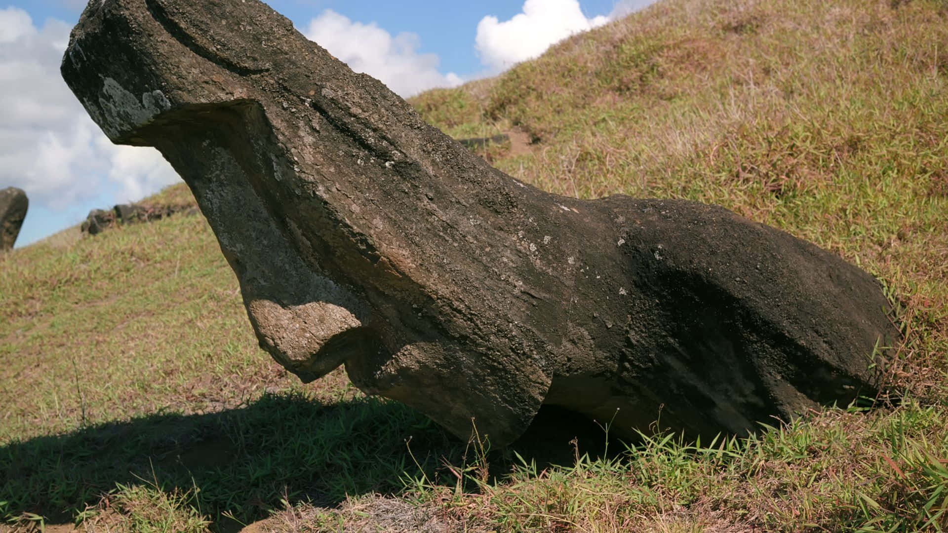 Easter Island, stone statue, grassy hill, Full HD Desktop Wallpaper