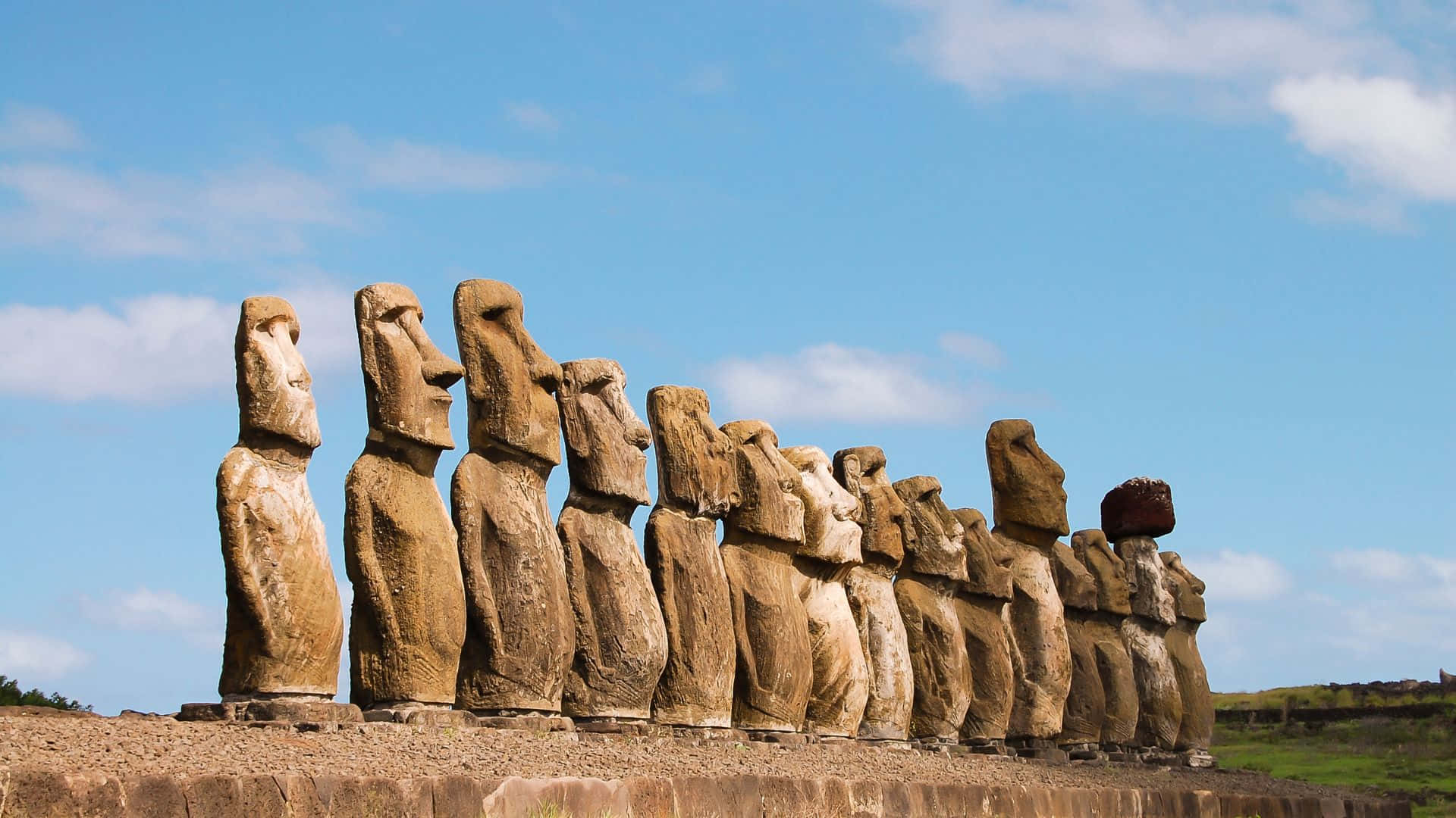 Easter Island, moai statues, bright blue sky, Full HD Desktop Wallpaper