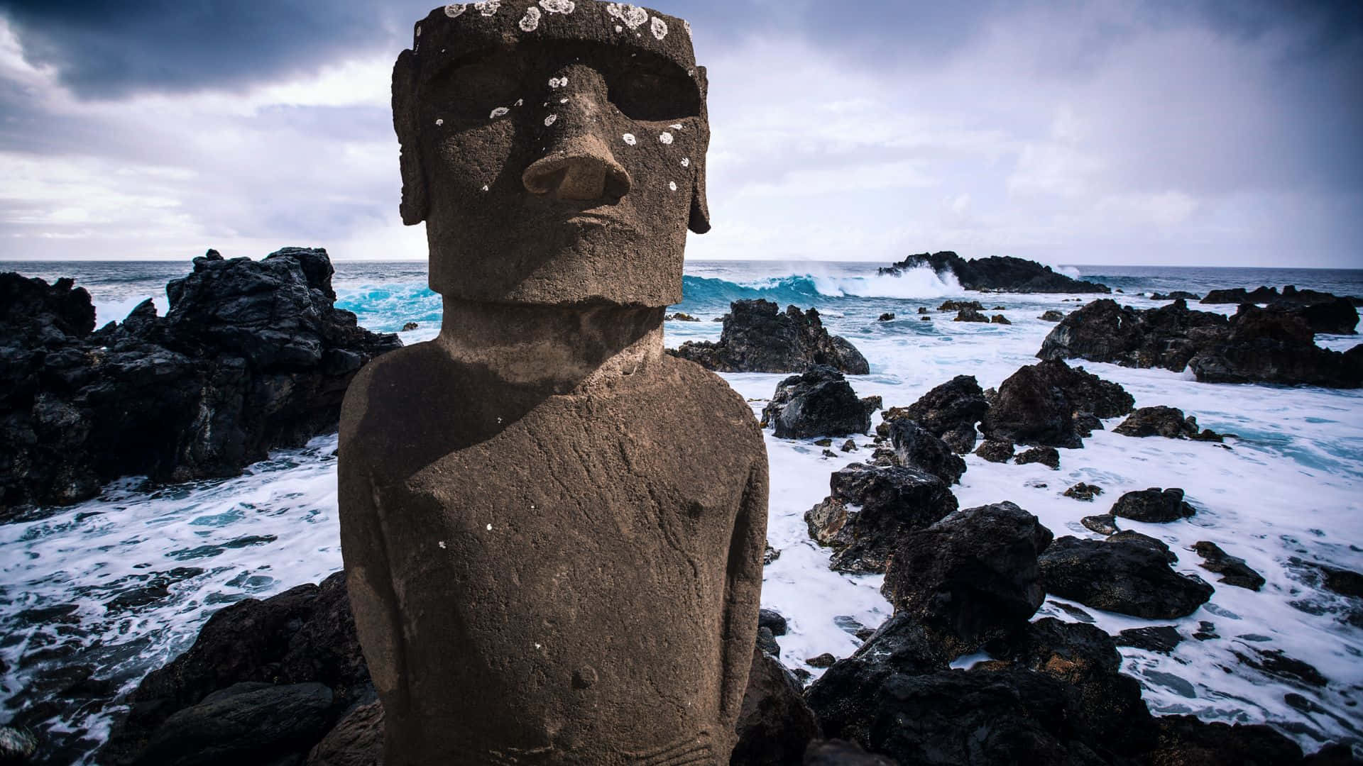 Easter Island, moai statue, rocky coastline, Full HD Desktop Wallpaper