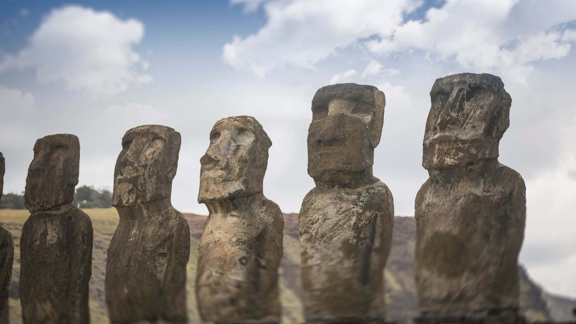 Easter Island, moai statues, cloudy sky, Full HD Desktop Wallpaper
