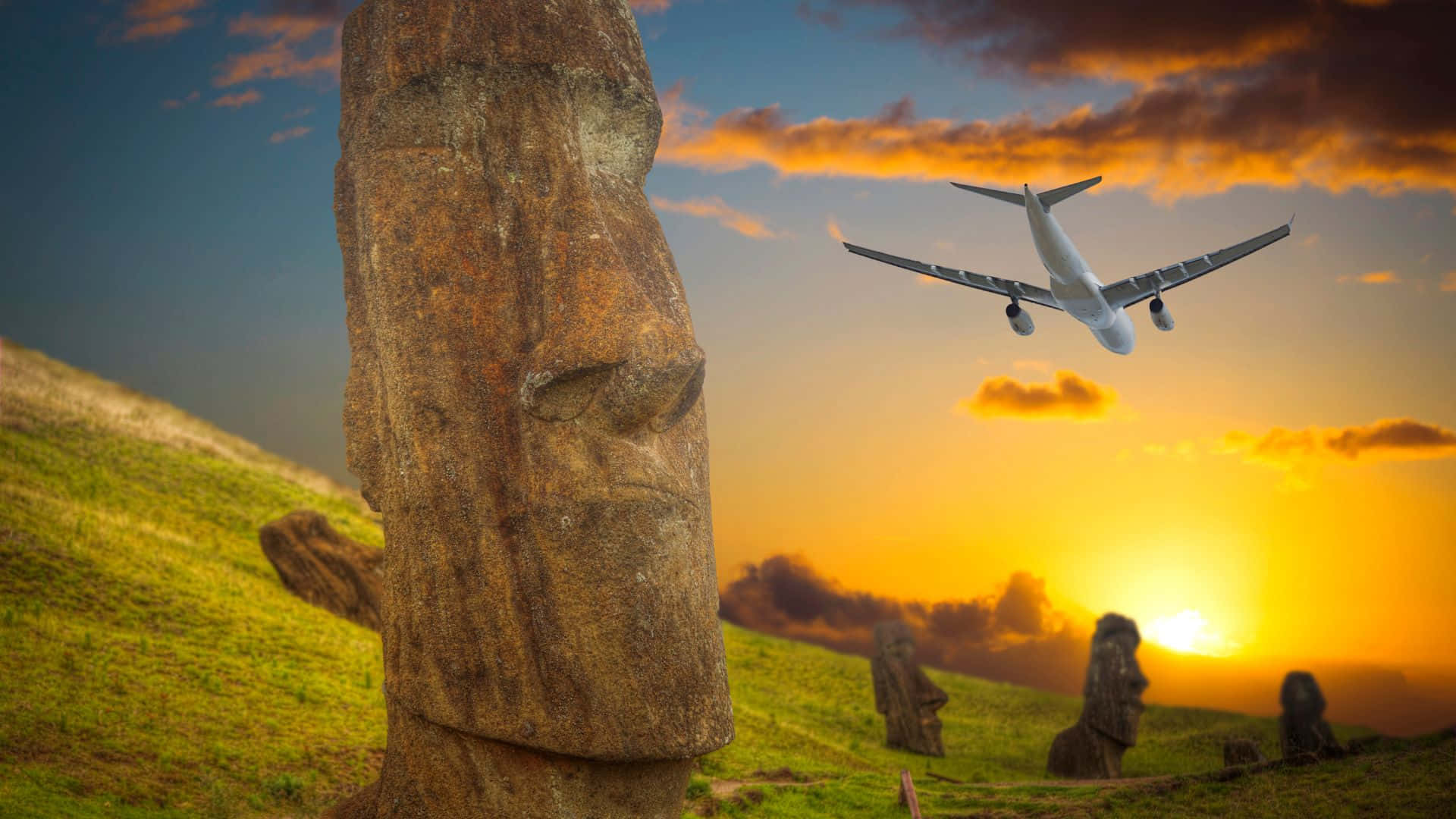 Easter Island, moai statue, grassy hill, Full HD Desktop Wallpaper