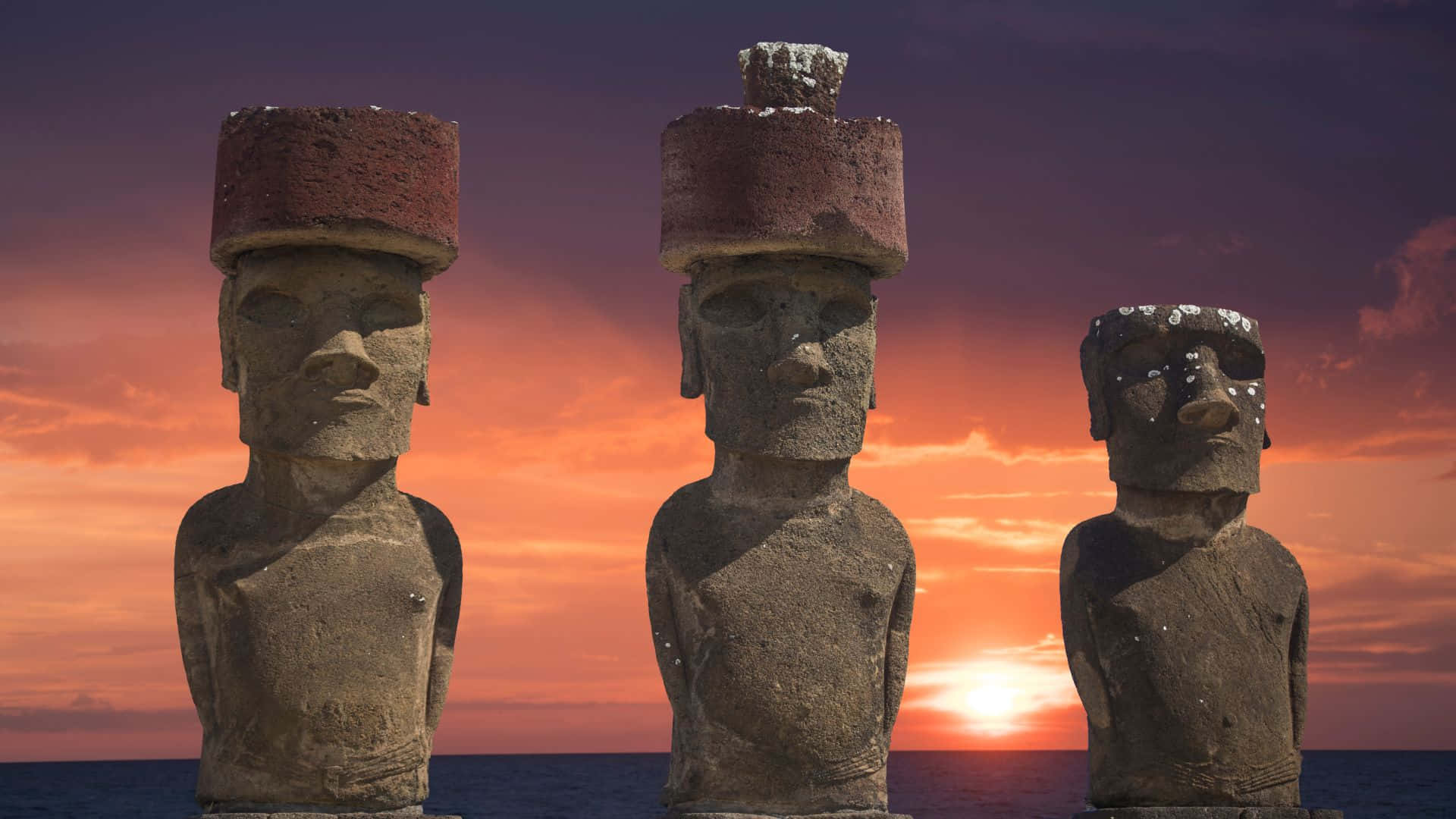 Easter Island, moai statues, fiery sunset, Full HD Desktop Wallpaper
