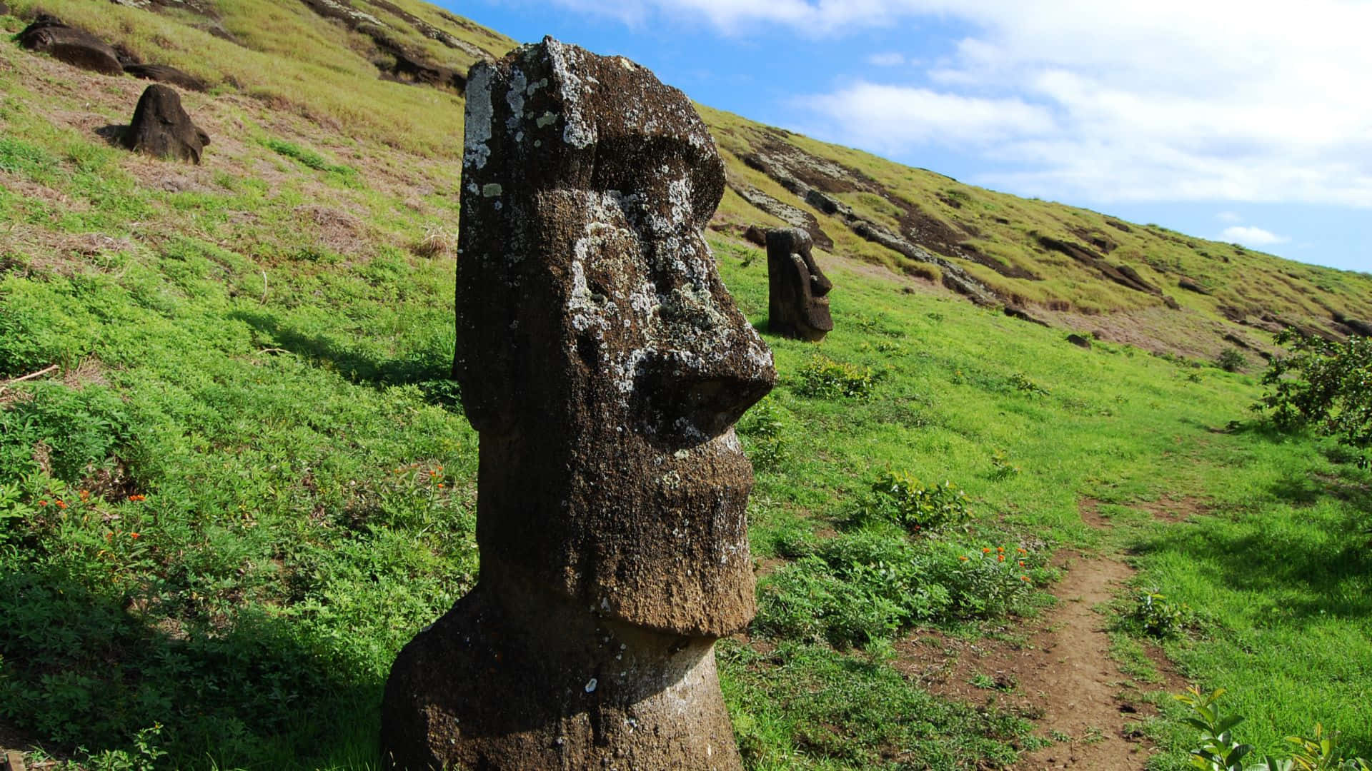 Easter Island, moai statue, green hillside, Full HD Desktop Wallpaper
