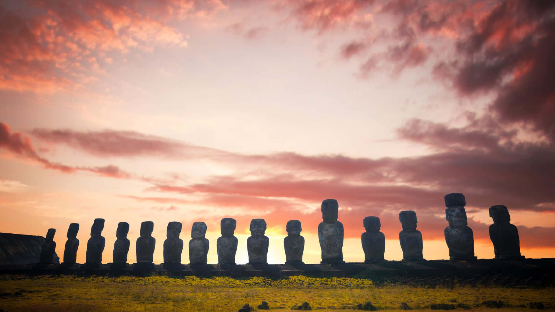 Easter Island, moai statues, pink and orange sunset sky, Full HD Desktop Wallpaper