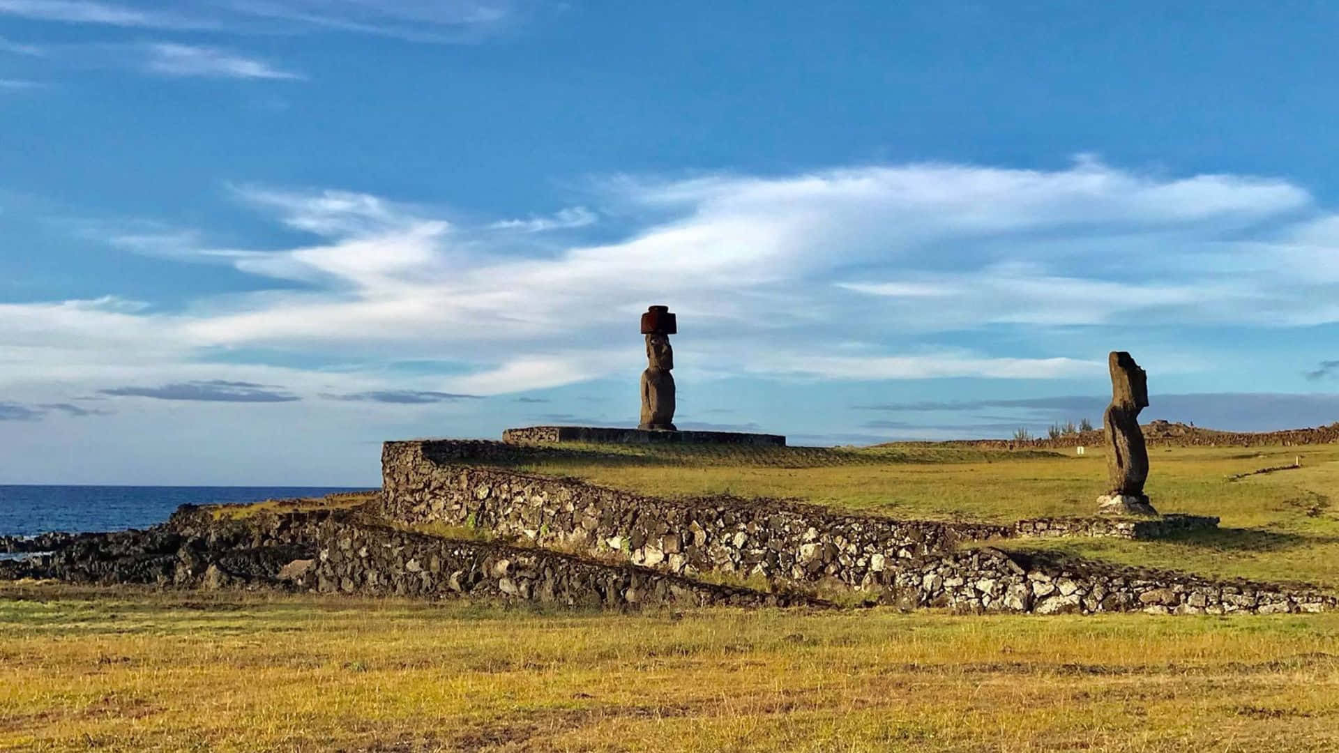 Easter Island, moai statues, grassy hill, Full HD Desktop Wallpaper