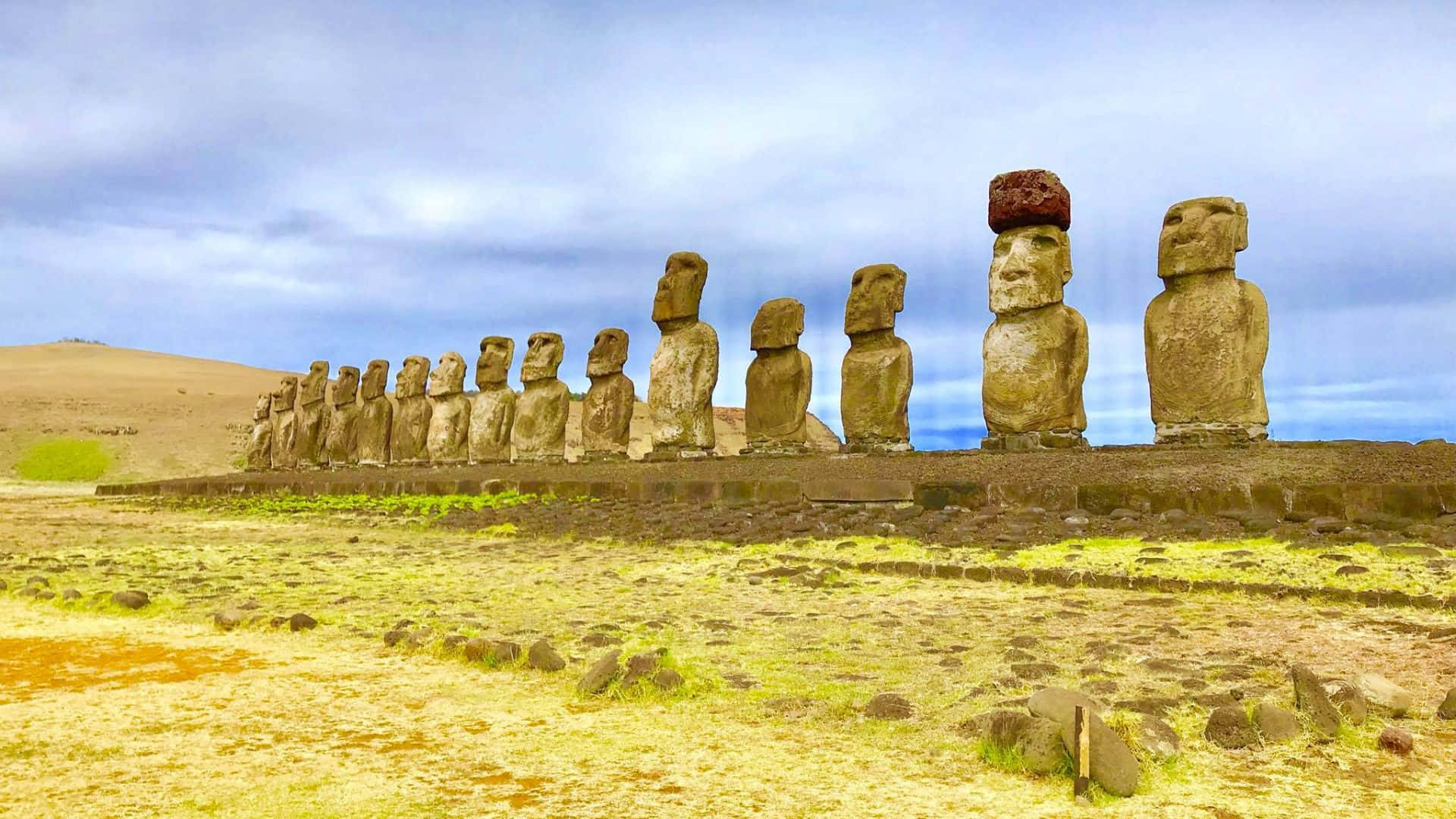 Easter Island, moai statues, grassy platform, Full HD Desktop Wallpaper