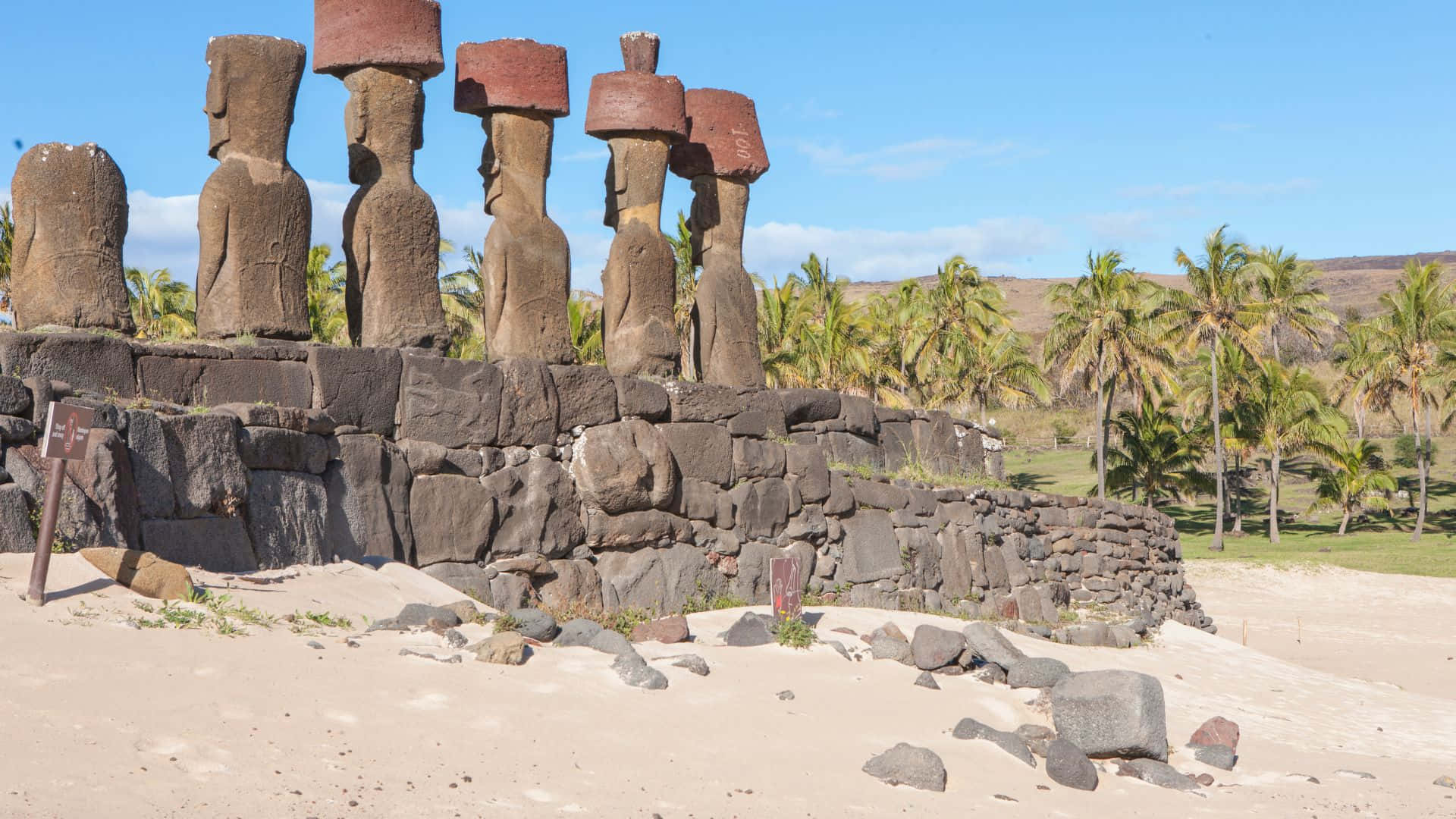 Easter Island, moai statues, red hats, Full HD Desktop Wallpaper